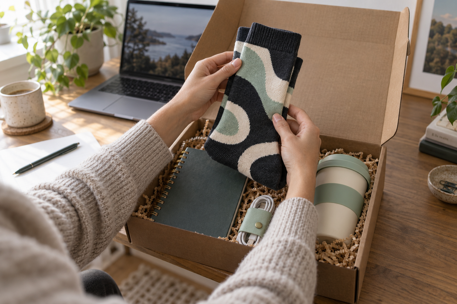 Remote employee opening a welcome kit containing custom onboarding socks