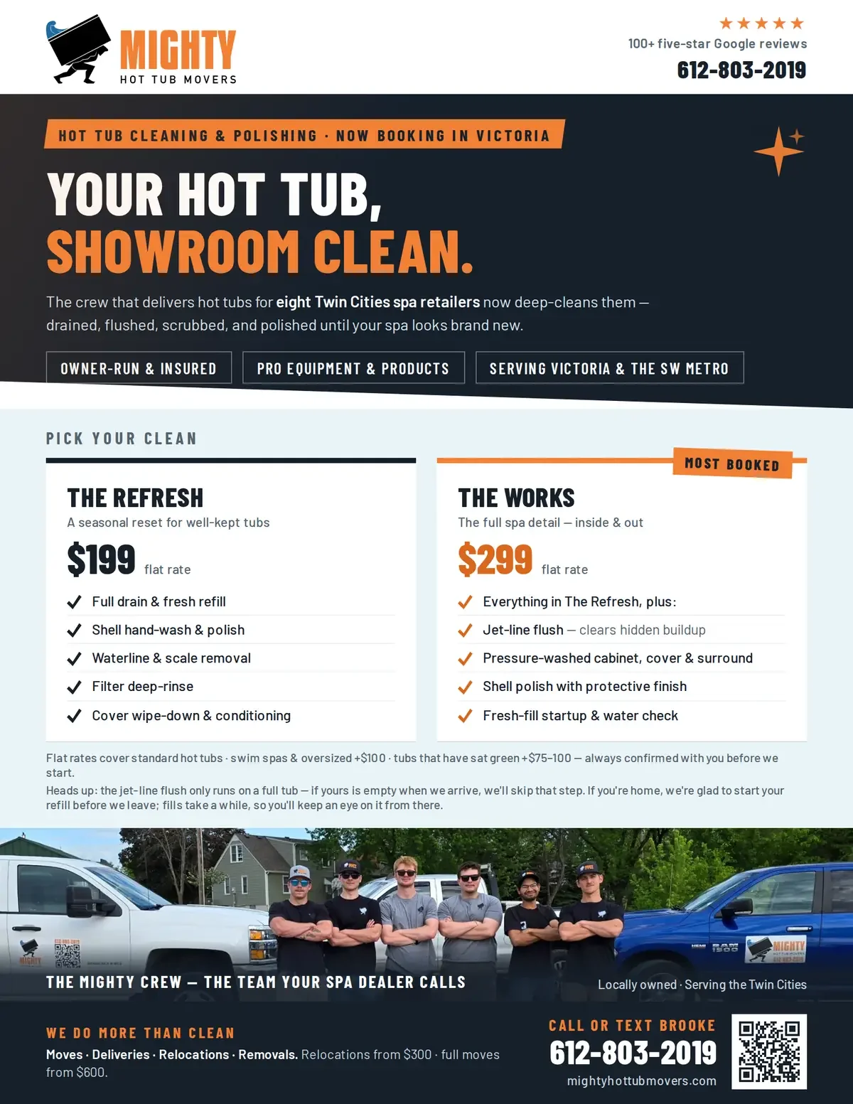 Mighty Hot Tub Movers cleaning and polishing brochure: The Refresh $199 and The Works $299 packages, call or text 612-803-2019