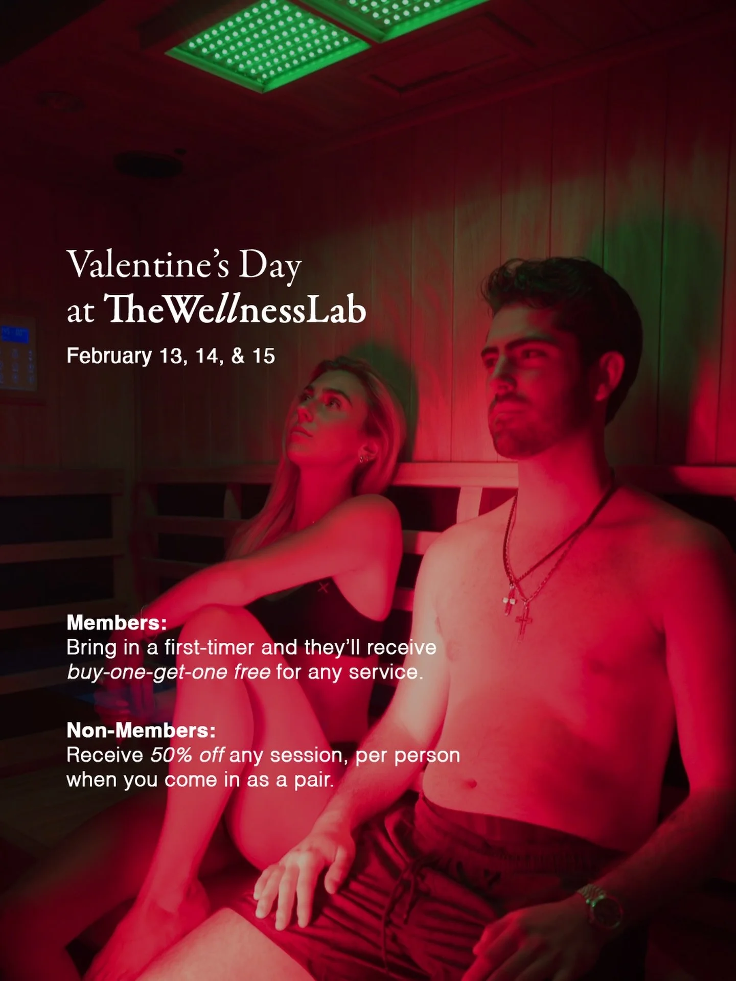 This Valentine&rsquo;s Day Weekend wellness is better together 💕

Come with your significant other and experience The Wellness Lab as a duo: 

✨ Members: Bring a first-timer and they will receive a BOGO on any service
✨ Non-members: Come as a pair a
