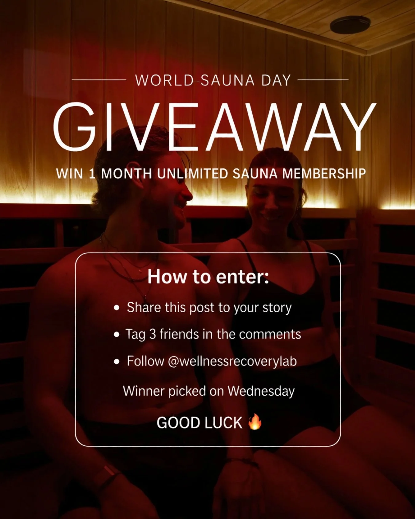 In honor of World Sauna Day, we&rsquo;re giving away a 1 month unlimited sauna membership🔥

Sweat, reset, repeat.

To enter: -Share this post to your story -Tag 3 friends in the comments -Follow @wellnessrecoverylab 

*Winner picked Wednesday*

Good