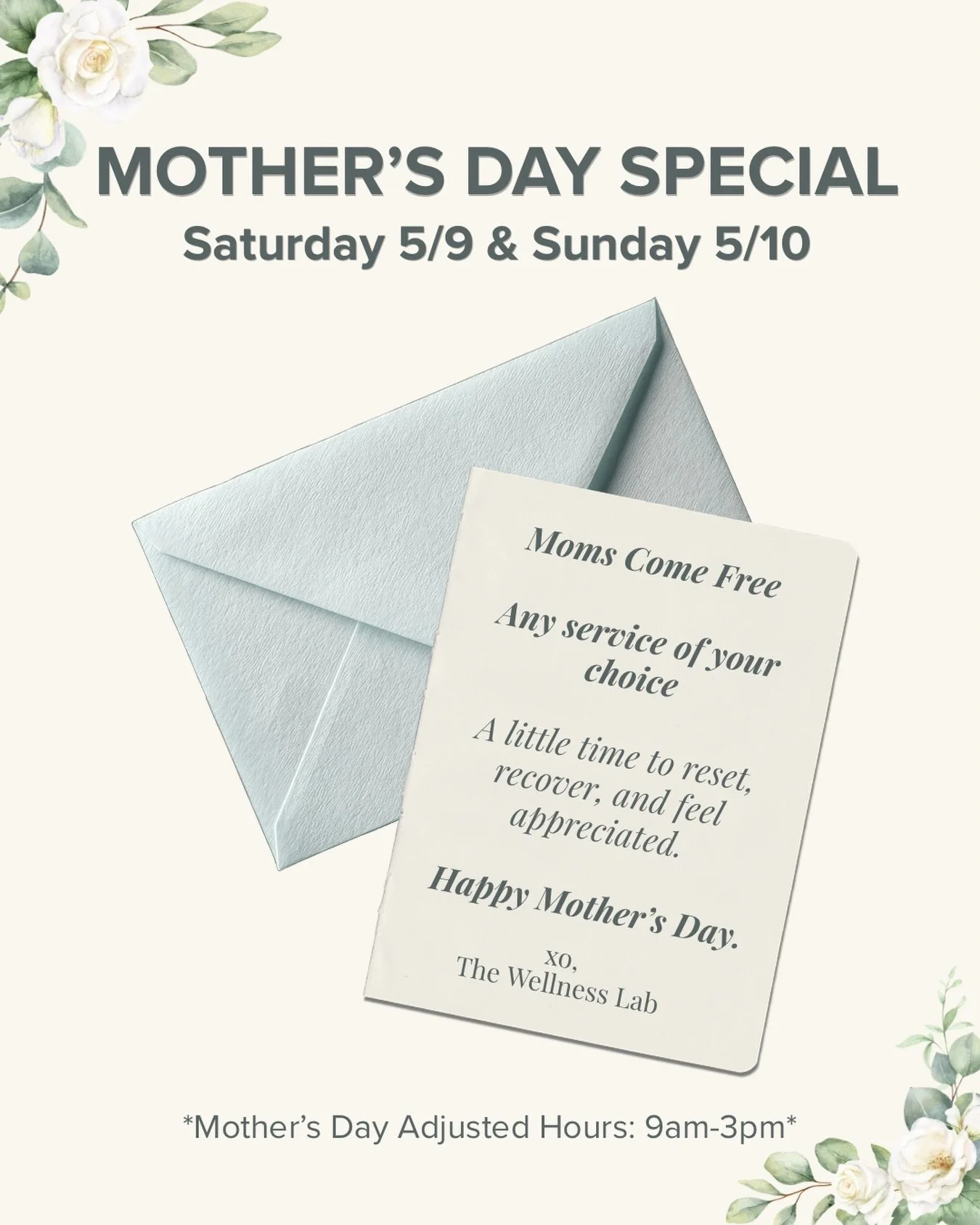 Mother&rsquo;s Day weekend at The Wellness Lab 🤍

As a small thank you, moms can enjoy any service of their choice on us at The Wellness Lab this Mother&rsquo;s Day weekend. 

This Saturday 5/9 &amp; Sunday 5/10
&bull;
&bull;
&bull;
#mothersday #mot