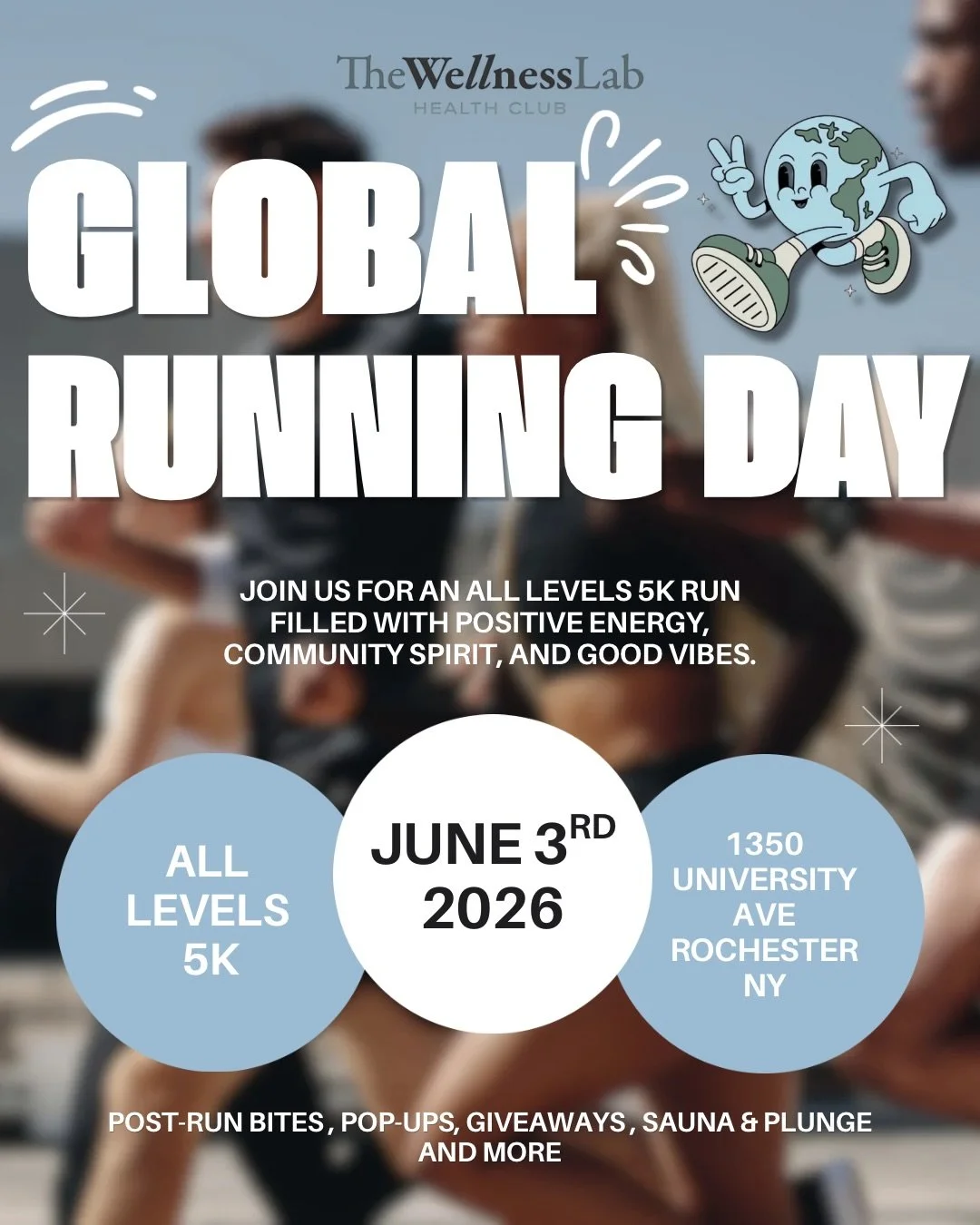Global Run Day, The Wellness Lab way 🏃&zwj;♀️🌍 🏃

Join us June 3rd for an all-levels 5K with local run clubs, health &amp; wellness vendors, pop-ups, giveaways, post-run bites, sauna, plunge + more! 

Event start: 6:00PM
5K take off: 6:30PM

Apart