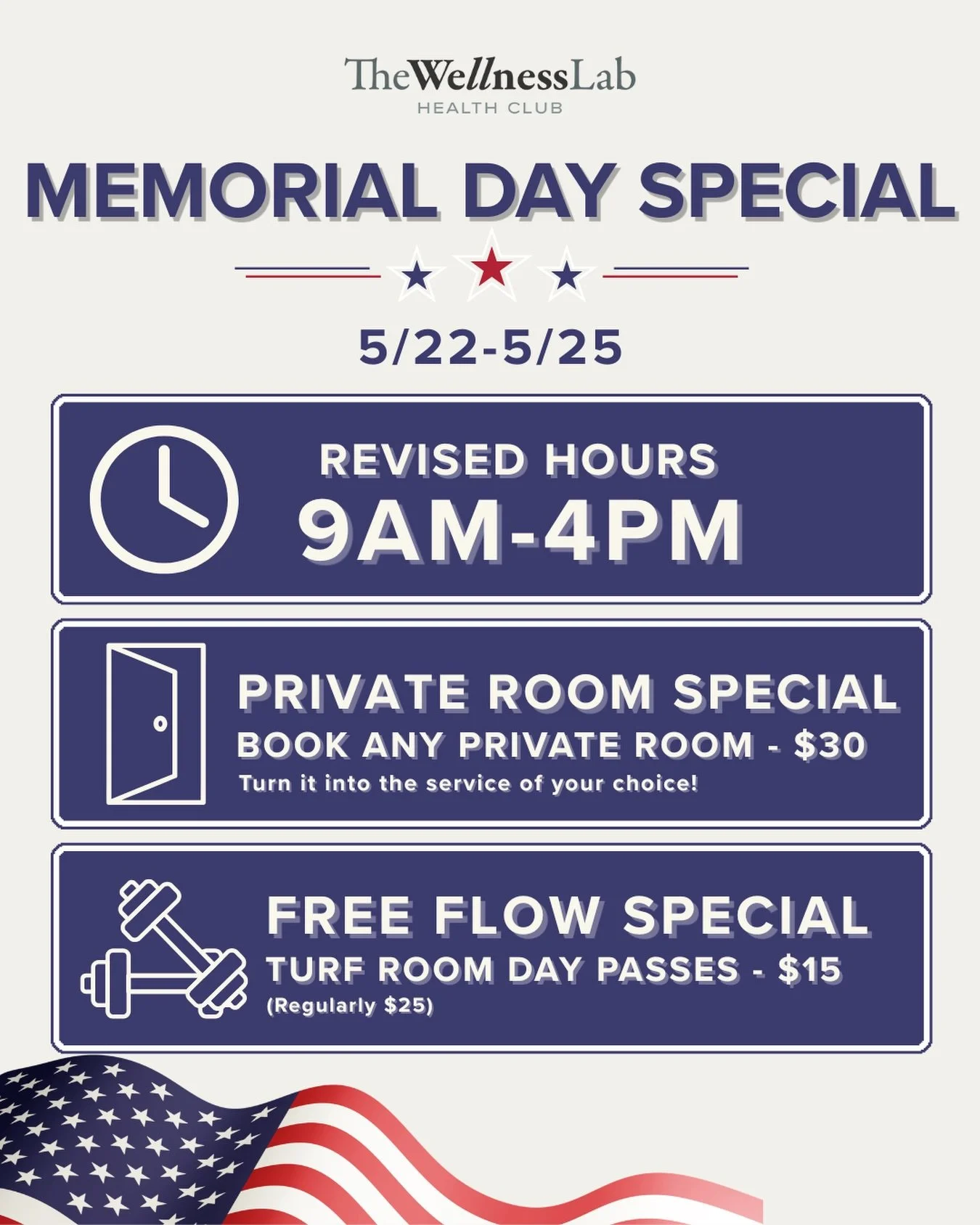 Memorial Day Specials are here🇺🇸

Starting tomorrow, 5/22, through 5/25, stop in and take advantage of limited-time pricing: 

Private Room Special &mdash; $30
Free Flow Turf Room Day Passes &mdash; $15
Plus revised Memorial Day hours: 9AM&ndash;4P
