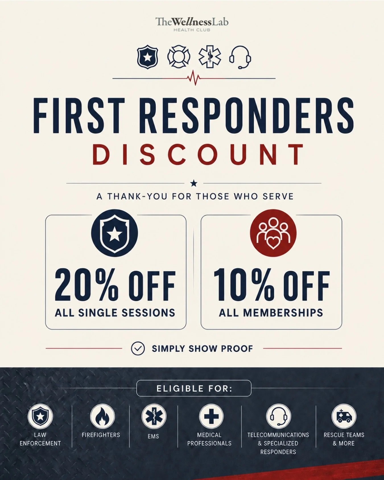 Calling all first responders 🚨👮&zwj;♀️🚑 🏥 🚔 🩺👮🚒

The Wellness Lab is proud to introduce a permanent first responders discount as a thank-you for those who serve our community! 

Enjoy 20% off all single sessions and 10% off all memberships- a