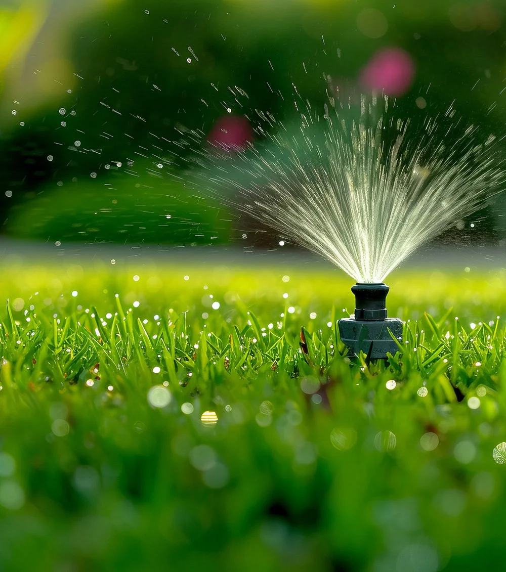 A garden sprinkler spraying water over a lush green lawn with sunlight creating bokeh effects.