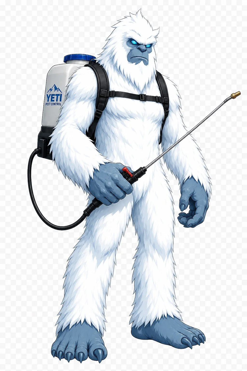 A cartoon yeti with white fur, blue skin on face and hands, wearing a backpack with 'YETI Pest Control' on the side, holding a spray wand for pest control.