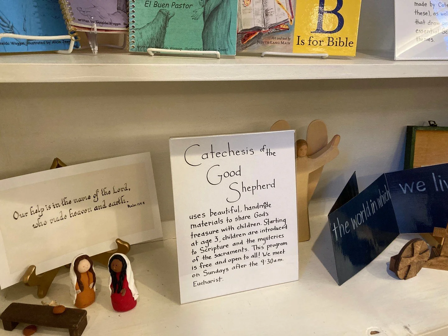 Check it out! After five years the little Handley Library inset in the Great Hall has been changed! I hope you will take a look at the materials and information about Catechesis of the Good Shepherd. This beautiful approach to ministry with children 