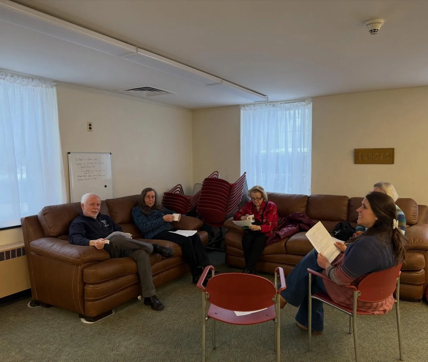 Wonderful people in a room with wonderful new curtains!! As one of our strategic planning sub-groups met in the Meeting Room on Sunday, they were among the first people to enjoy the newly-hung curtains in that room. Three cheers for Laurie for helpin