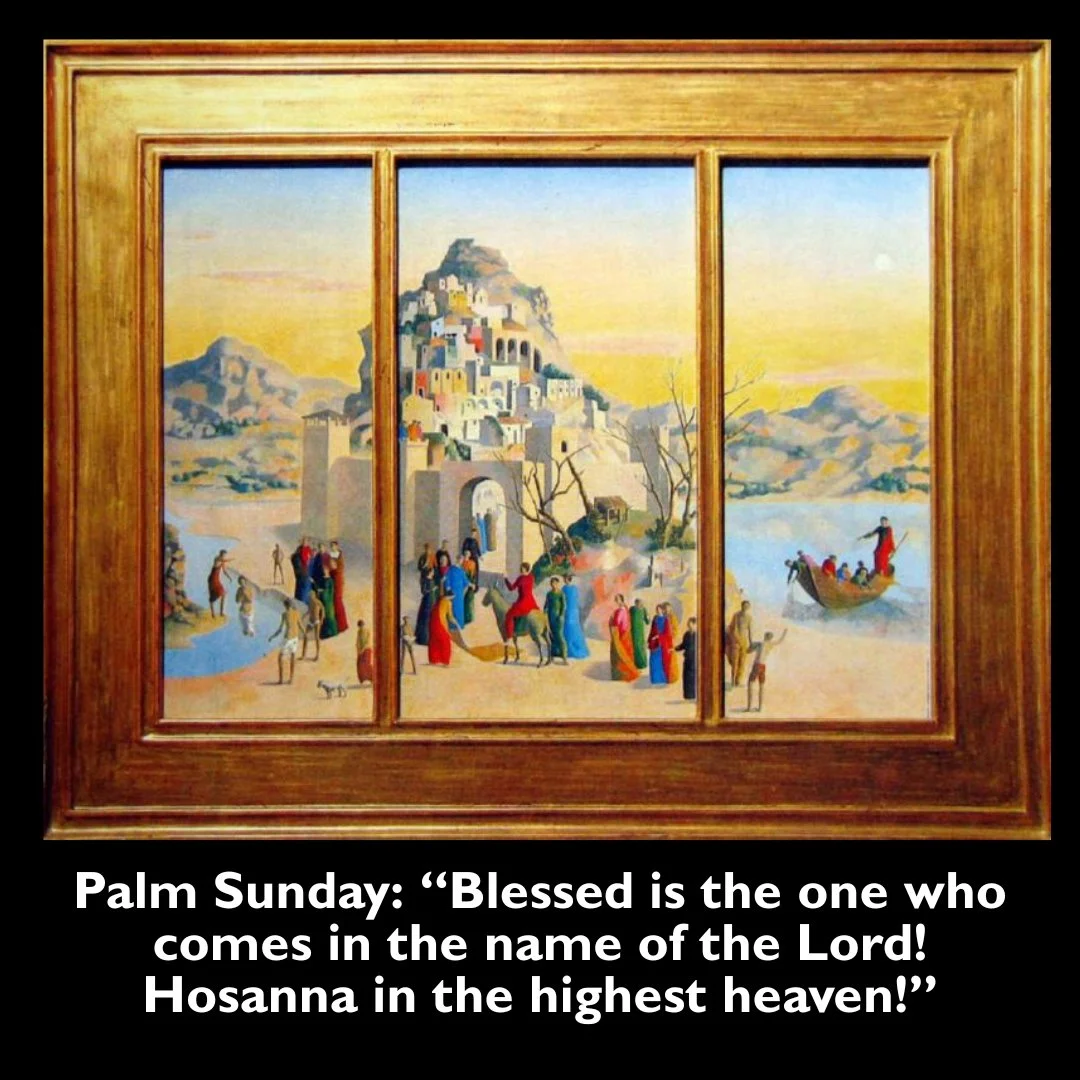 Holy Week approaches! The week begins with Palm Sunday, March 29, as we hear the triumphal entry of Jesus and wave branches with the cry "Hosanna!" See more about our Holy Week services on our website. This painting is by Justin O'Brien and