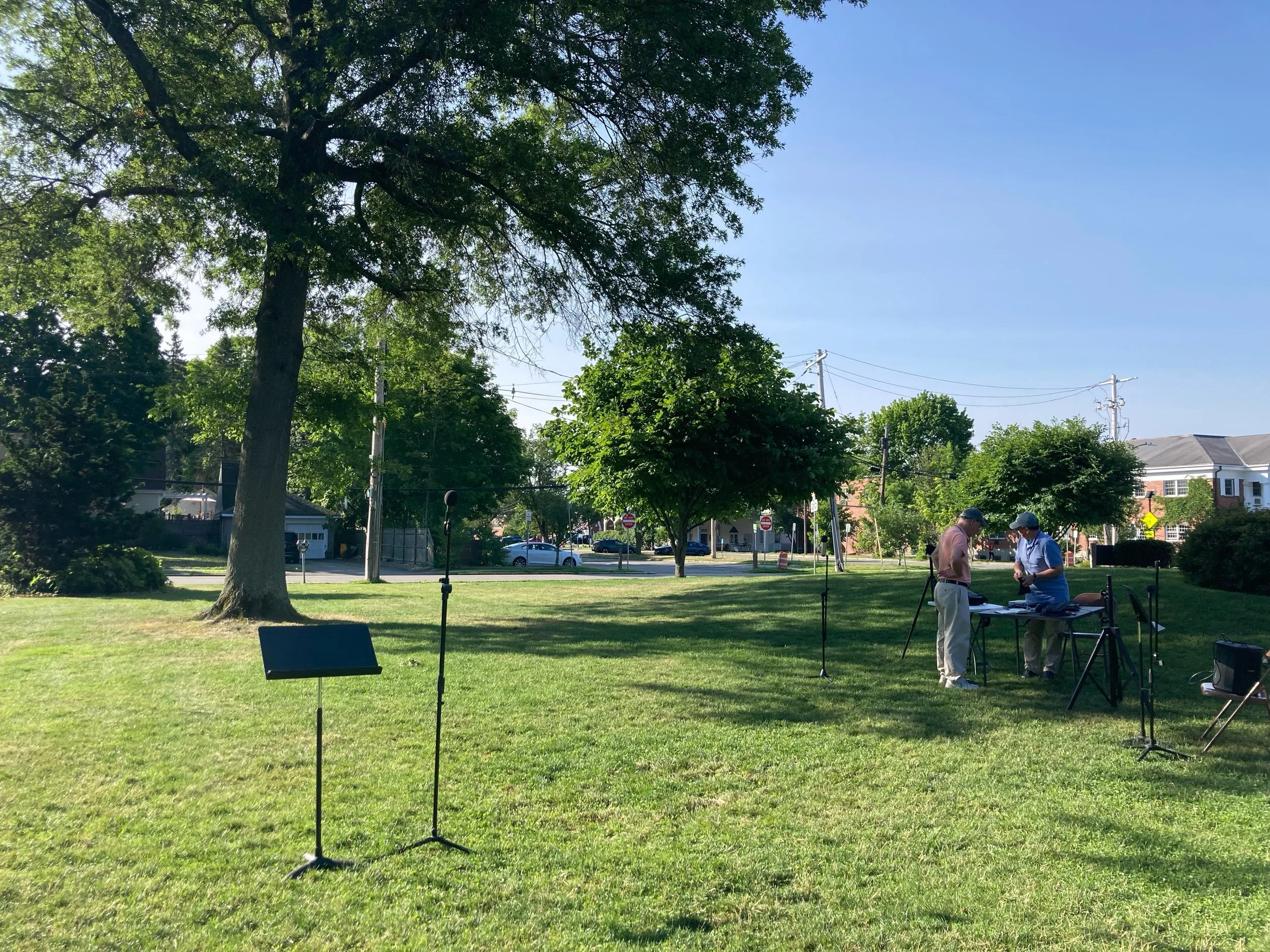 Sunday mornings in the summer start with the Tech Team setting up! It&rsquo;s extra work for them, but they (and we) think it&rsquo;s worth it&mdash;so that we can worship outside together and so that people at home can worship with us. Join us at 9: