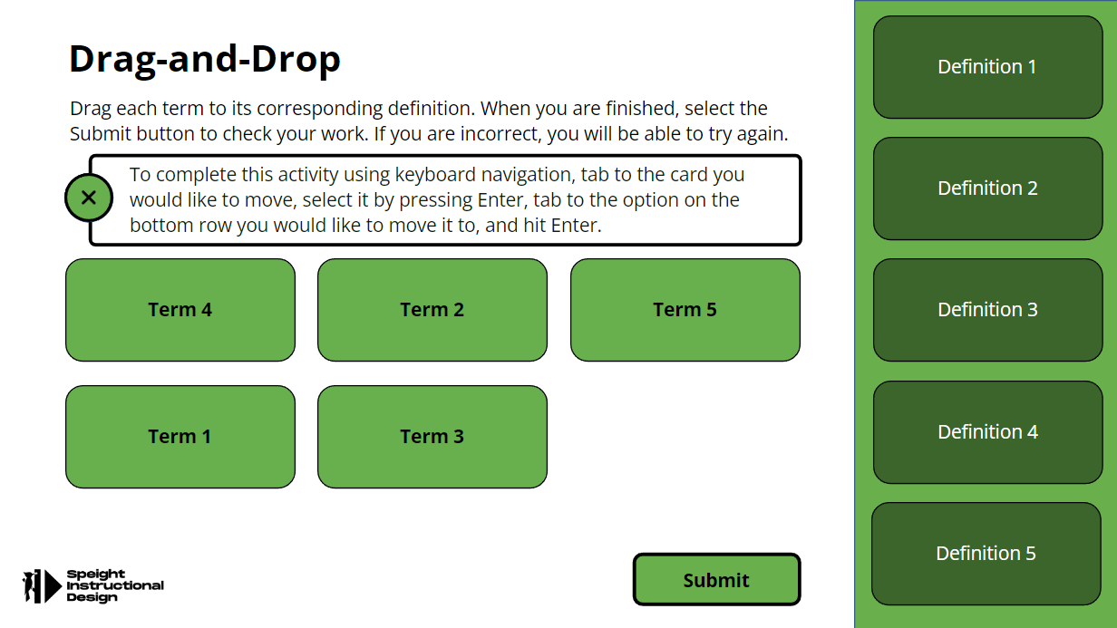 Slide preview of a 5-item drag-and-drop activity with the accessibile directions expanded