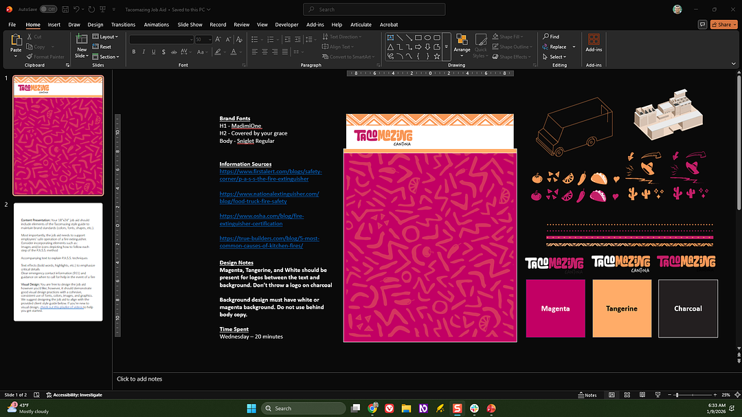 Setup in PowerPoint showing a page with instructions and the poster design with a branded background and branded assets and style guide notes on the sides