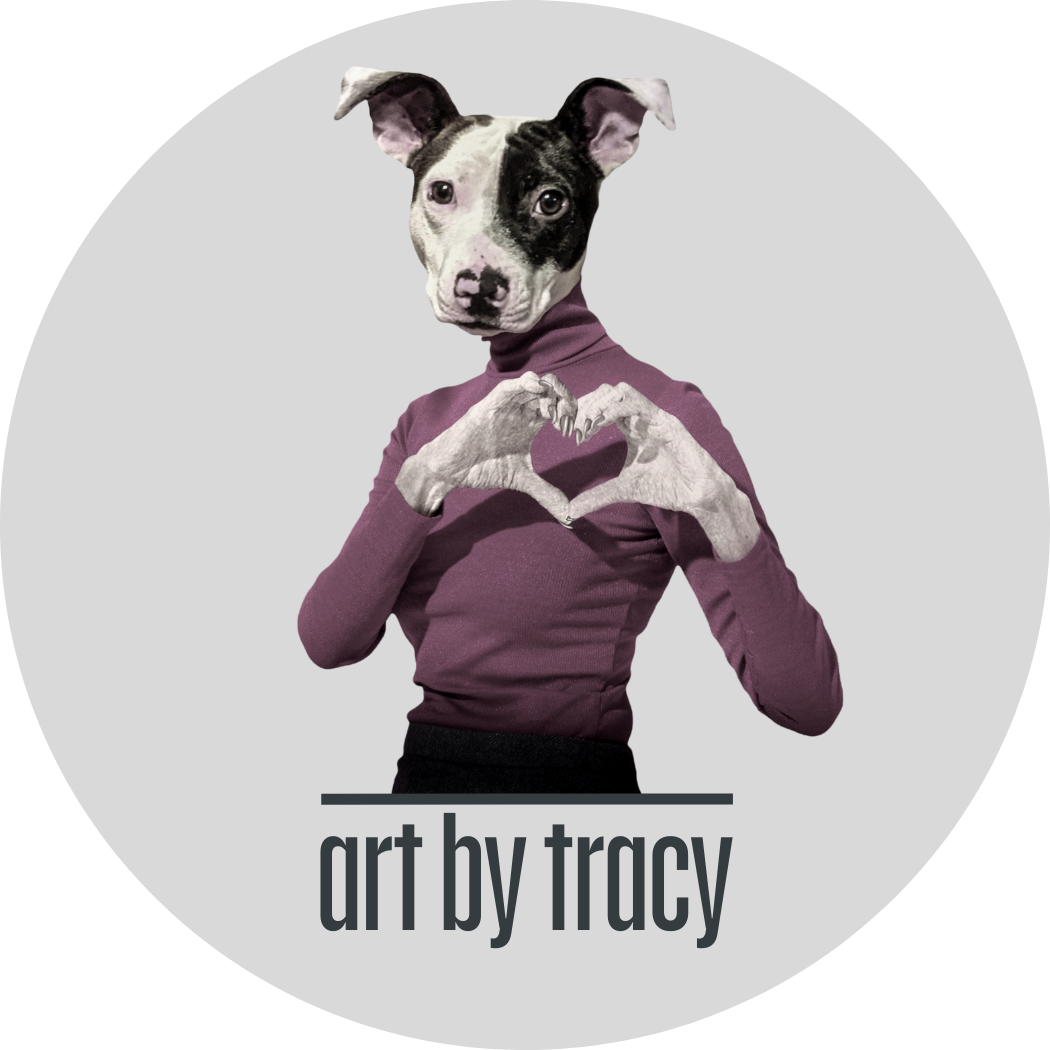 Whimsical, per art by Tracy Updike, this image depicts a female black-and-white mutt with human-like traits.  Her hands form a heart shape as if to say I love you.