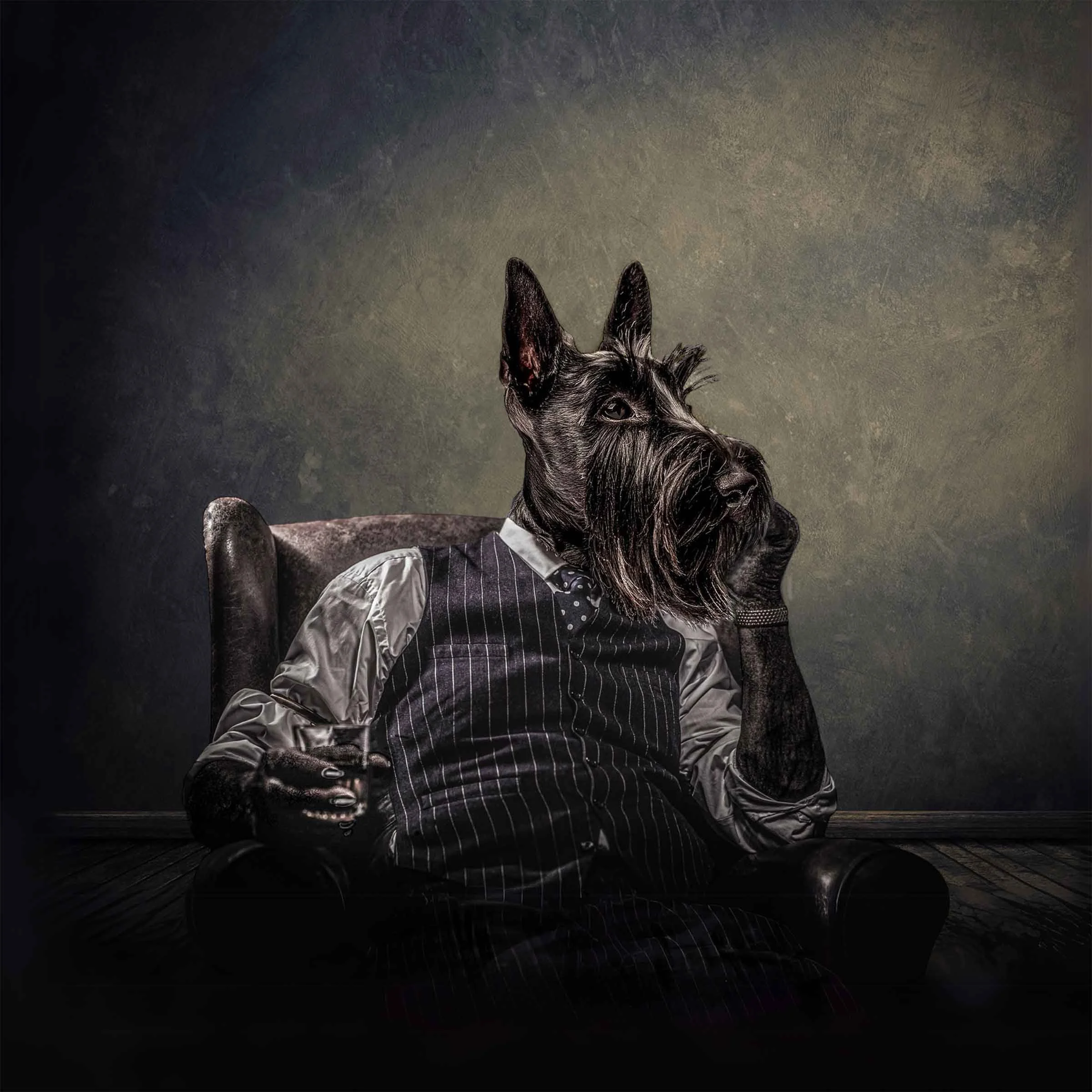 Scotch for the Scotty is a whimsical, moody art print by artist Tracy Updike of Maker Street Studio, featuring a distinguished Scottish Terrier portrayed with human-like sophistication. Part of the popular Hair on the Dog Tavern series, this piece ca