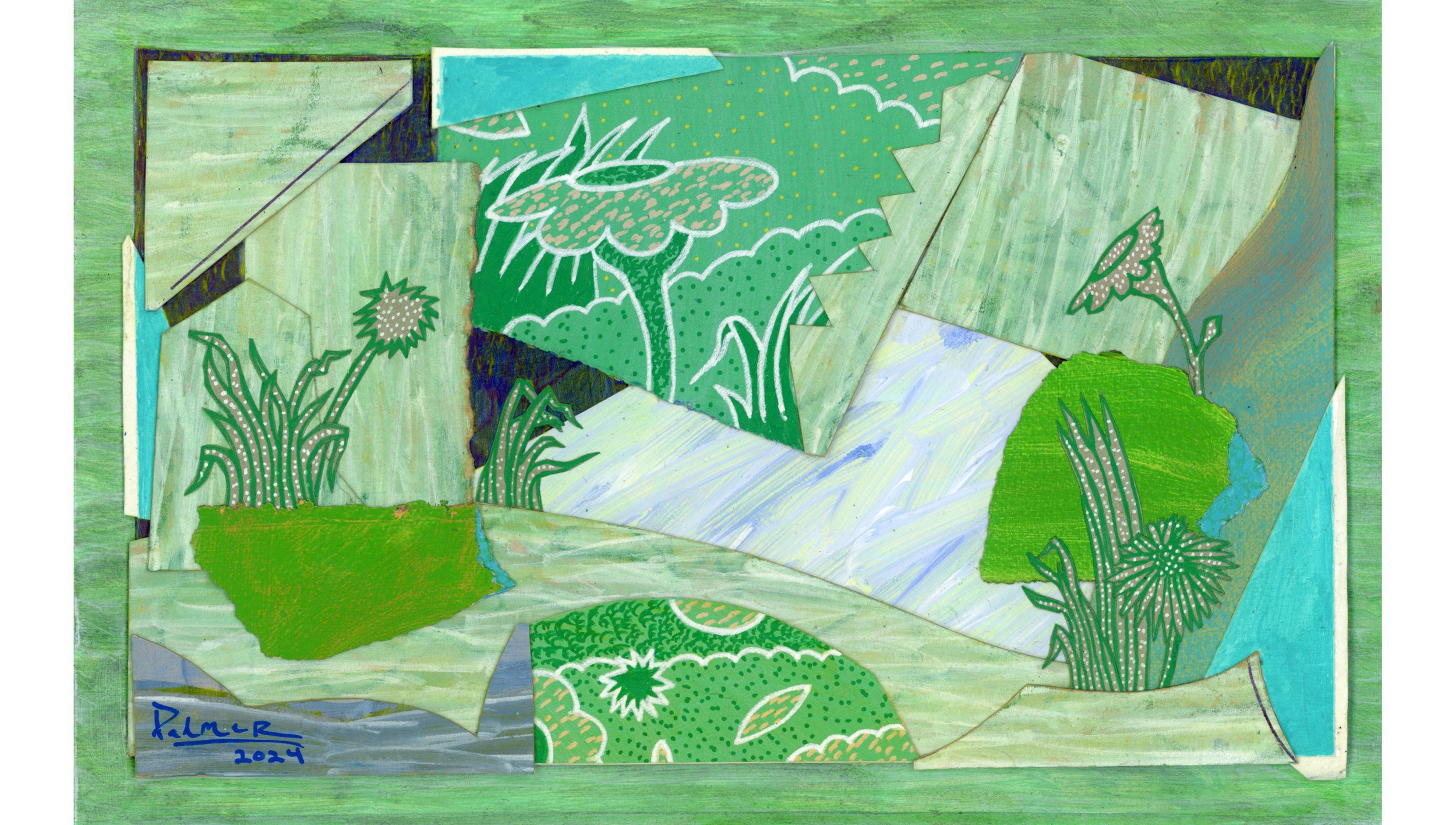 Swimming In Ben's Pond, 2024, Multi-media on Paper (acrylic, paper, watercolor, ink), 6.5" X 10", SOLD