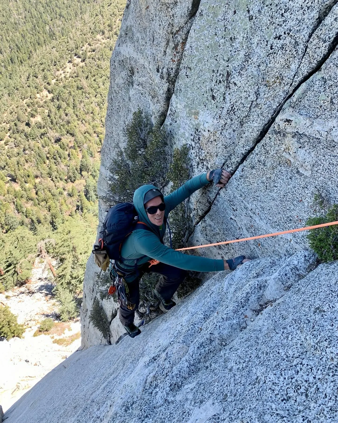 A person rock climbing on a steep granite face with a tree and forest in the background.