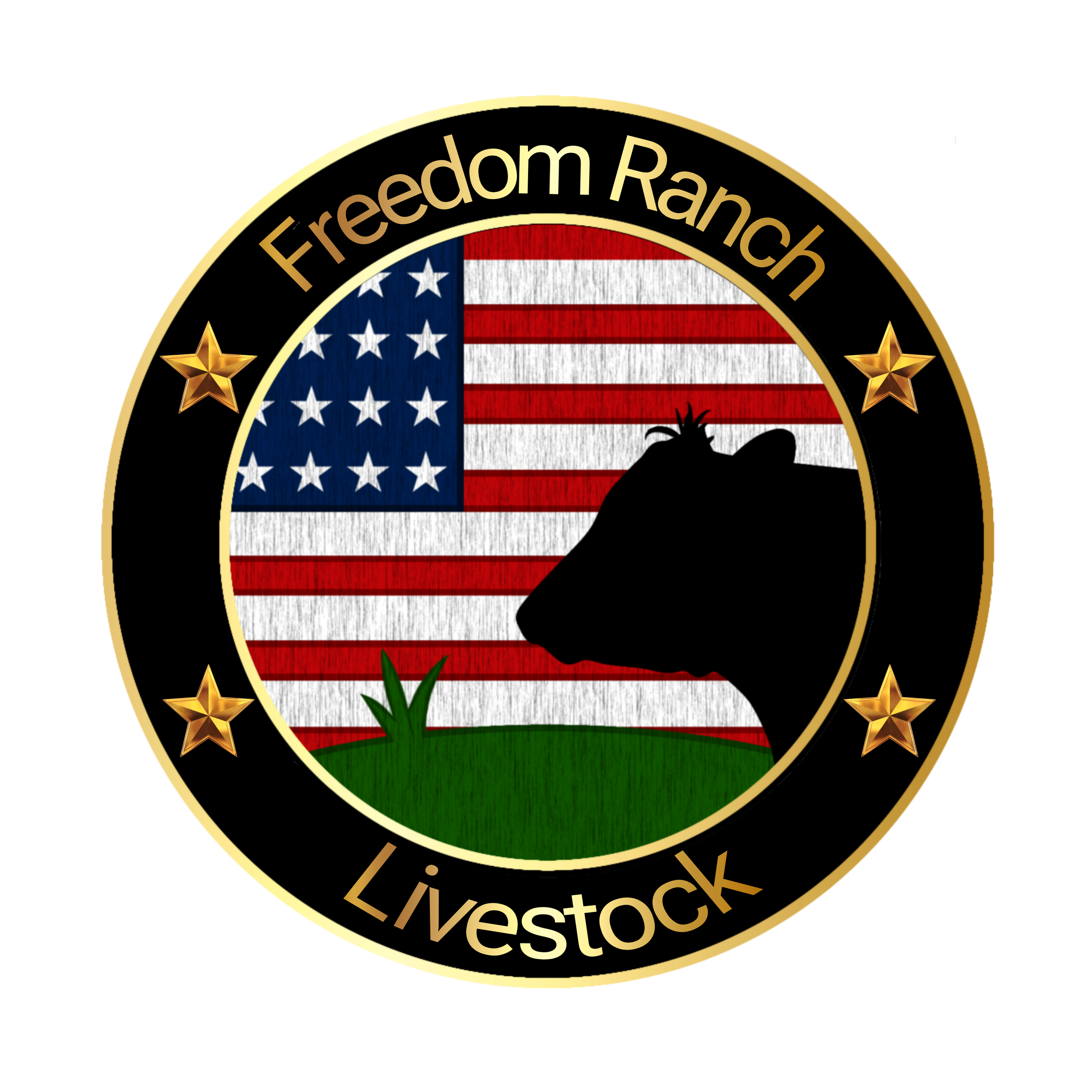 A circular emblem with a black background bordered in gold, featuring the text 'Freedom Ranch Livestock' and four gold stars. Inside the emblem, a silhouette of a cow's head with a grass patch in front overlays an American flag with red and white stripes and a blue canton with white stars.