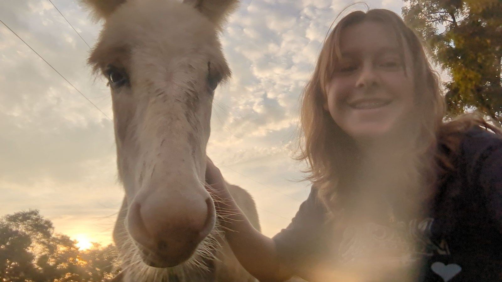 A woman smiling for a selfie with a horse during sunset, with trees and clouds in the background.