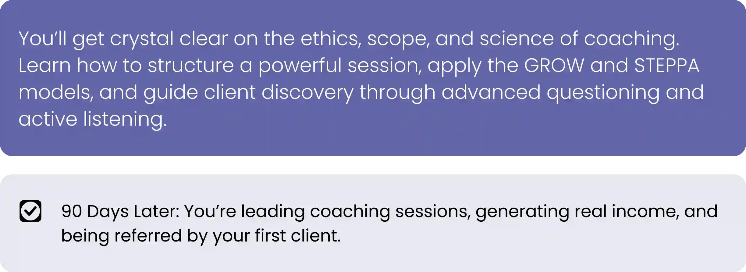 Text overlay discussing coaching ethics, session structure, client discovery, advanced questioning, active listening, and generating income through coaching.