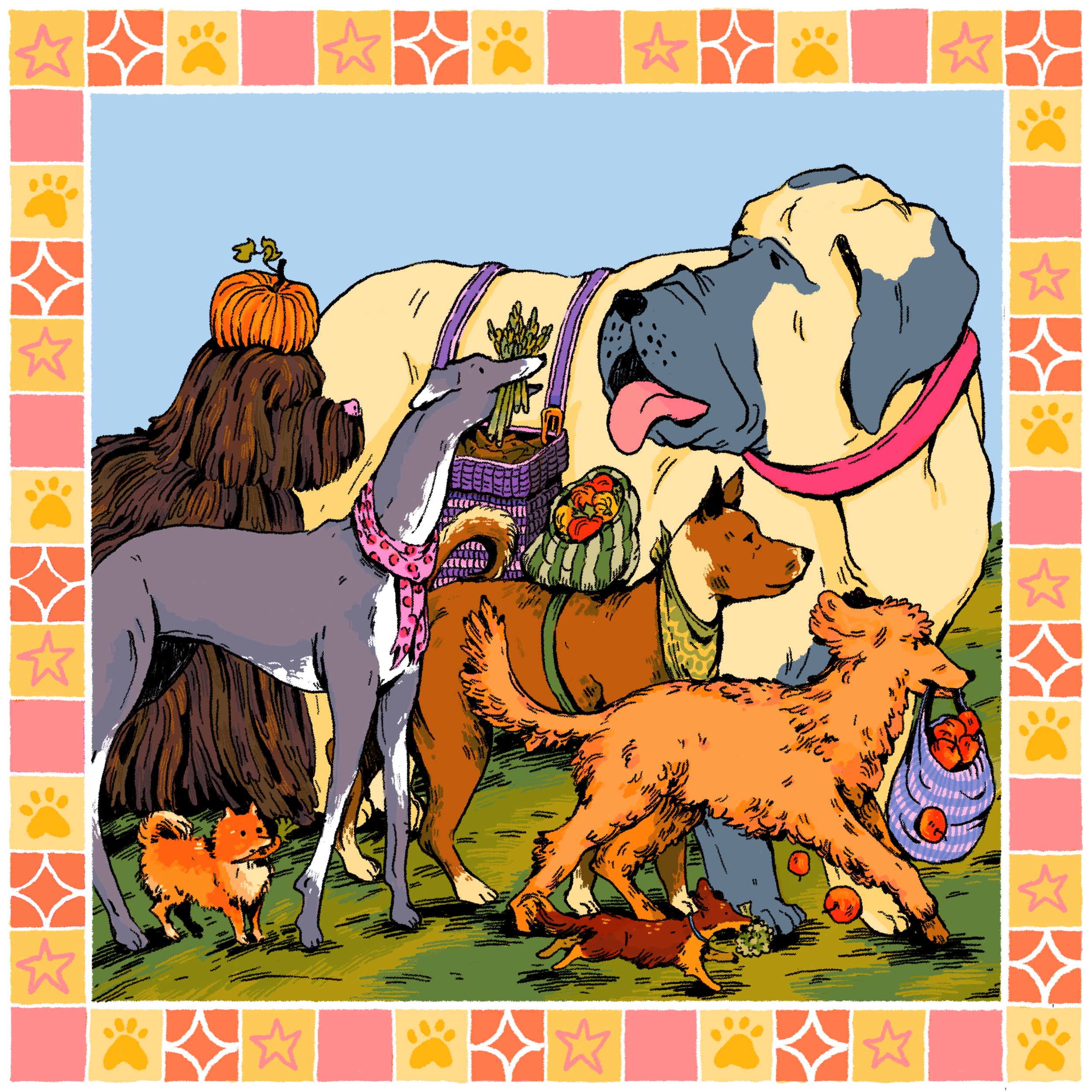 A group of dogs and puppies celebrating fall, with pumpkins, gourds, and autumn decor, surrounded by a colorful patchwork border featuring stars, paw prints, and pumpkin motifs.