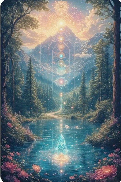 Chakra alignment imagery with flowing water and forest background symbolizing energetic healing and self-discovery—part of Spirituallee’s four-week spiritual activation workshop in Atlanta.