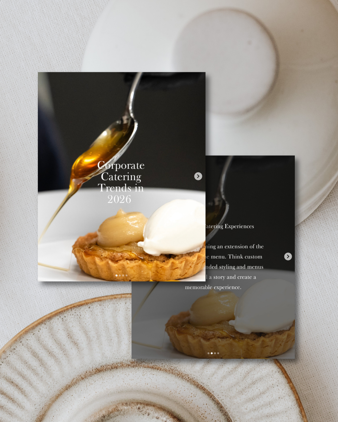 Smartphone displaying an Instagram profile with food and event photos on a white table with decorative vases.