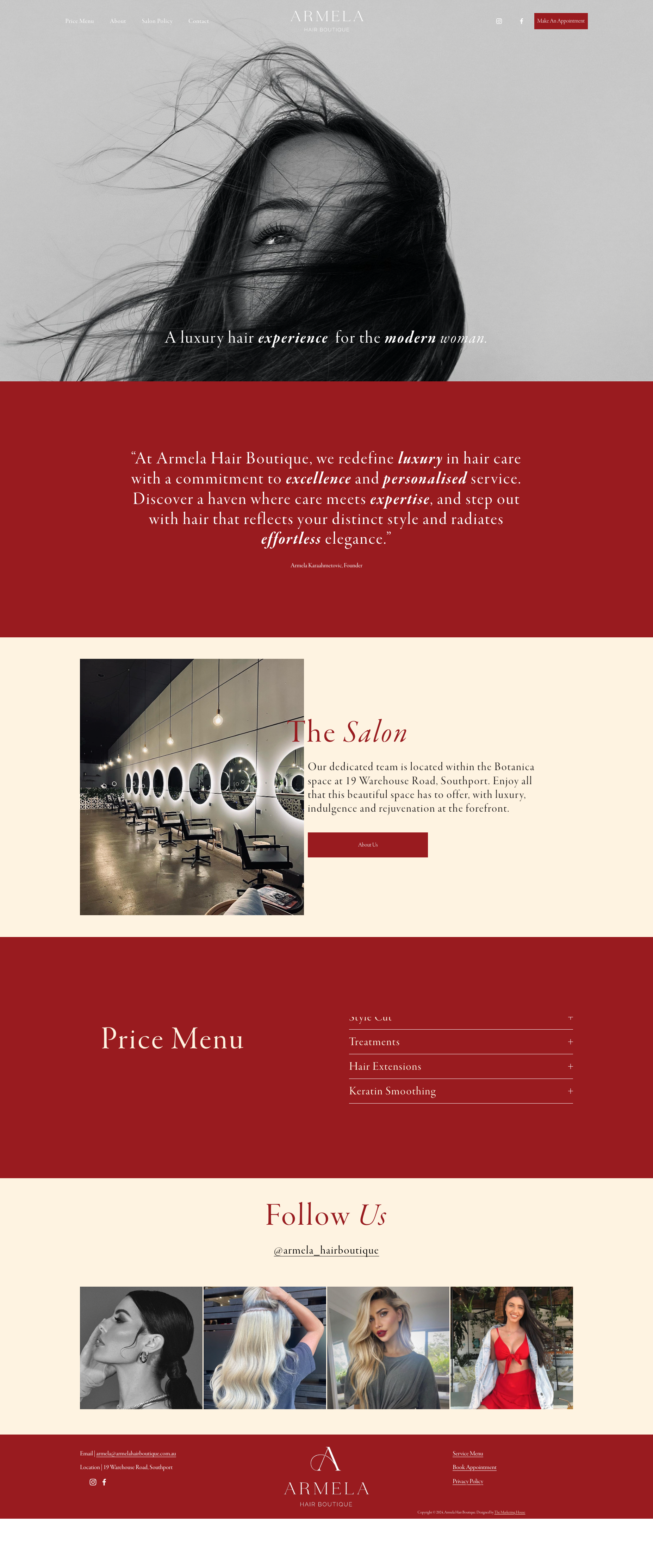 armela hair boutique website design layout