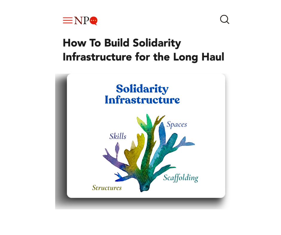 An image of a watercolor illustration of underwater coral. The coral is labeled with different arenas of solidarity infrastructure: skills, spaces, structures, and scaffolding. The image accompanies an article published in Nonprofit Quarterly