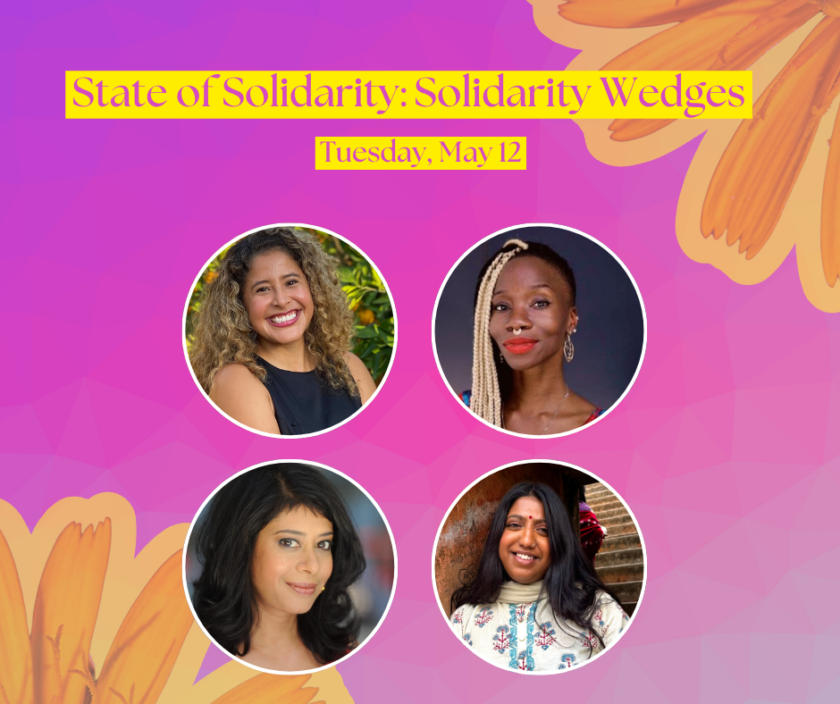 A graphic for the May 12 State of Solidarity webinar on Solidarity Wedges. The 4 speakers are pictured on a  bright pink background with yellow flowers at the edges. 