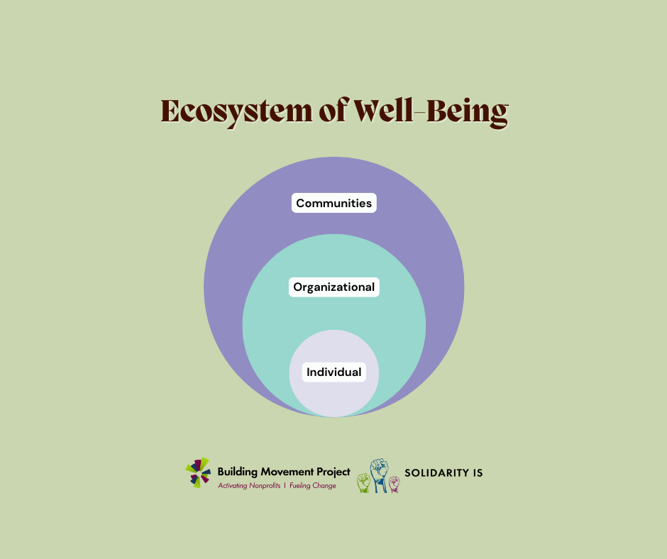 A diagram illustrating the ecosystem of well-being framework from the Building Movement Project - individual is at the center, surrounded by organizational, surrounded finally by communities.