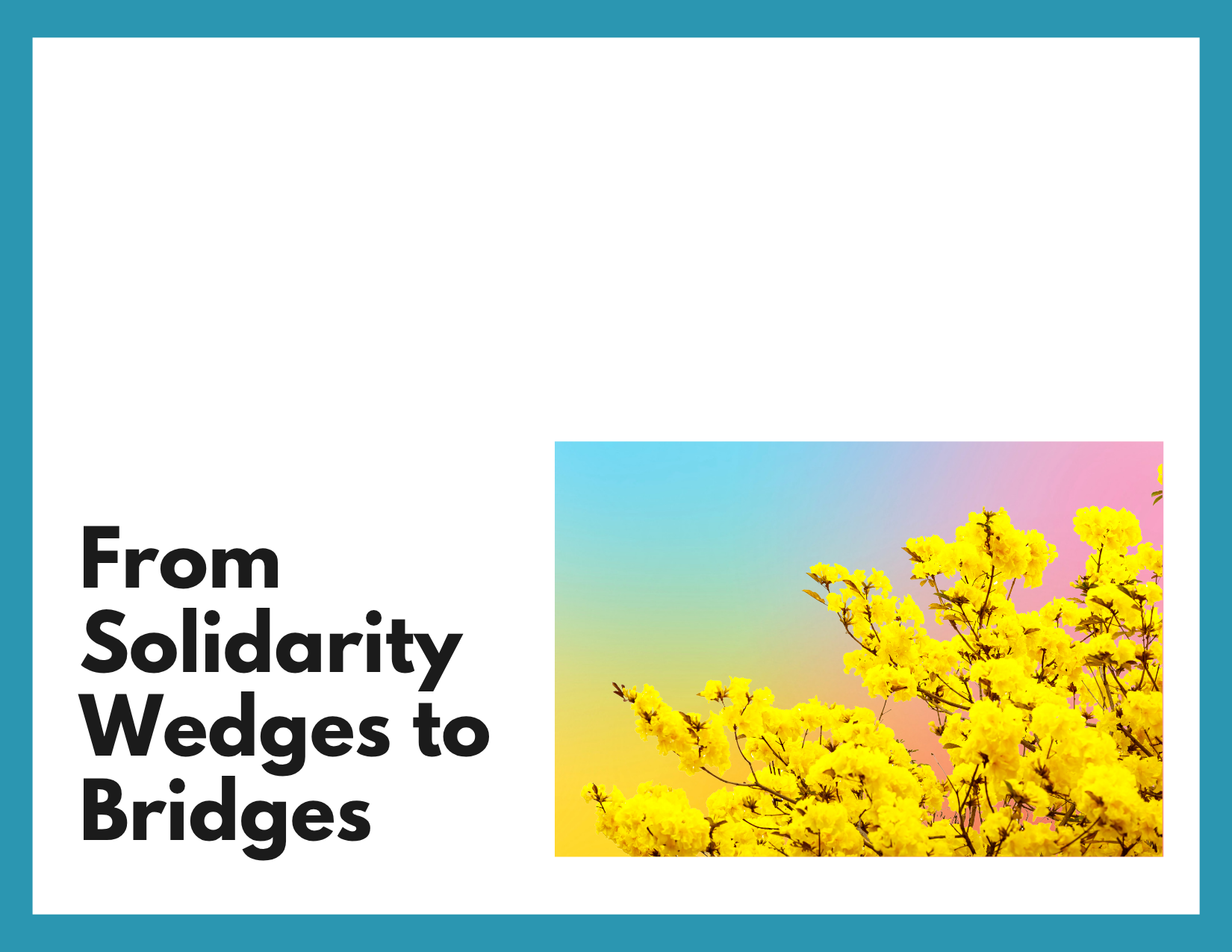 A blue border around a white box. There is a bright yellow flowering tree on a background of ombre blue and pink. Black text that reads “From Solidarity Wedges to Bridges.”