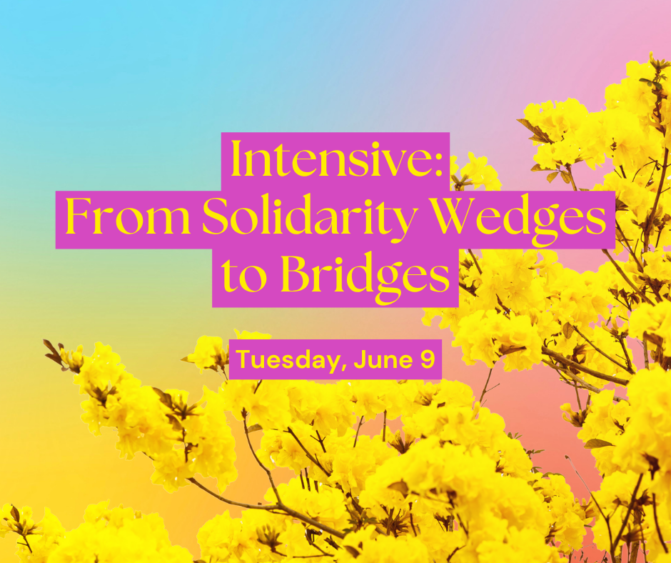 A graphic for the Solidarity Intensive: From Solidarity Wedges to Bridges taking place June 9. The background is a bright blue fading into yellow and pink, and a large, flowering tree with yellow petals is pictured.