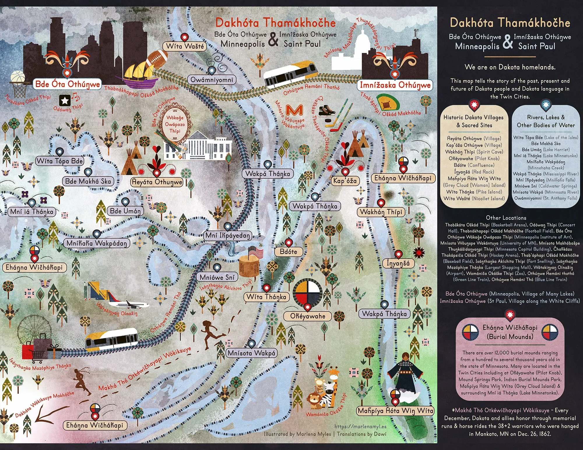 A map teaching about the Dakota past and present of Minneapolis & Saint Paul.  Illustrated by Marlena Myles, translations by Dawi.