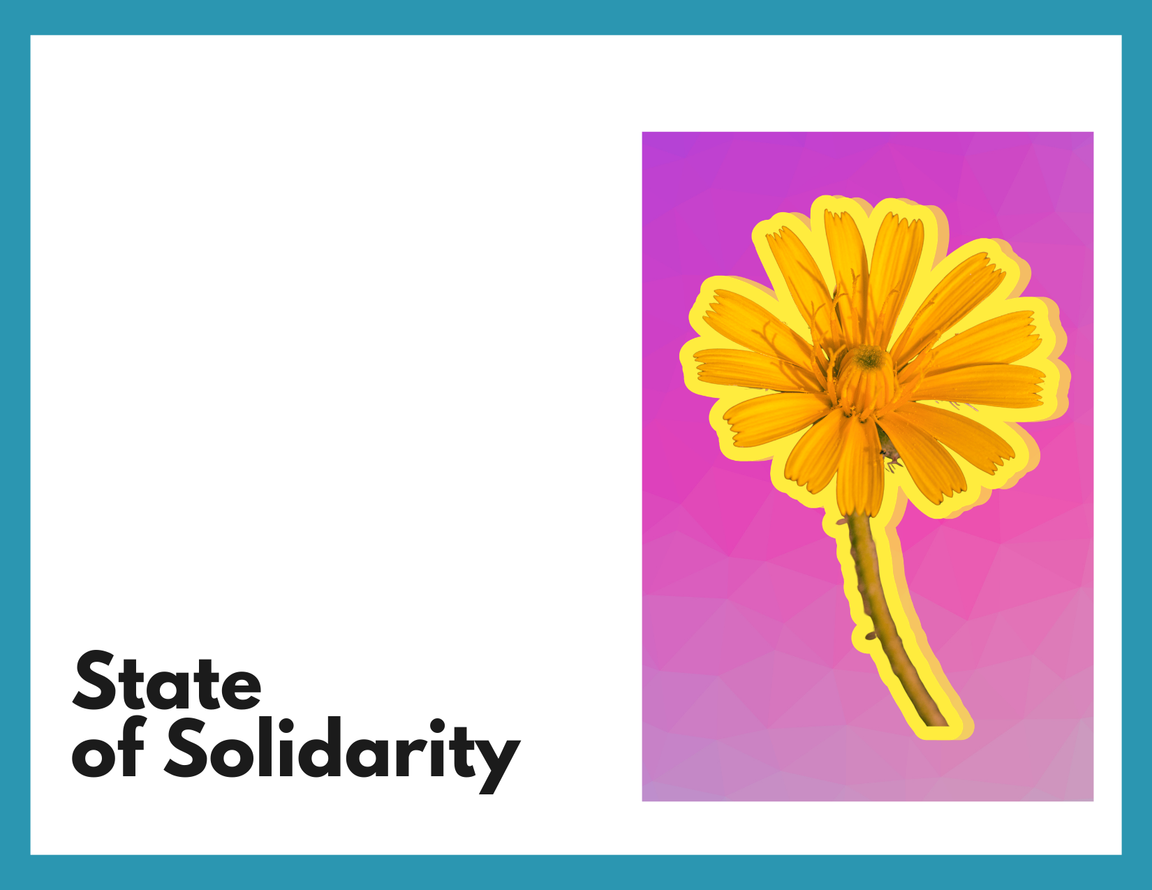 A blue border around a white box. There is a bright yellow flower illustration on a bright pink background and black text that reads "State of Solidarity"