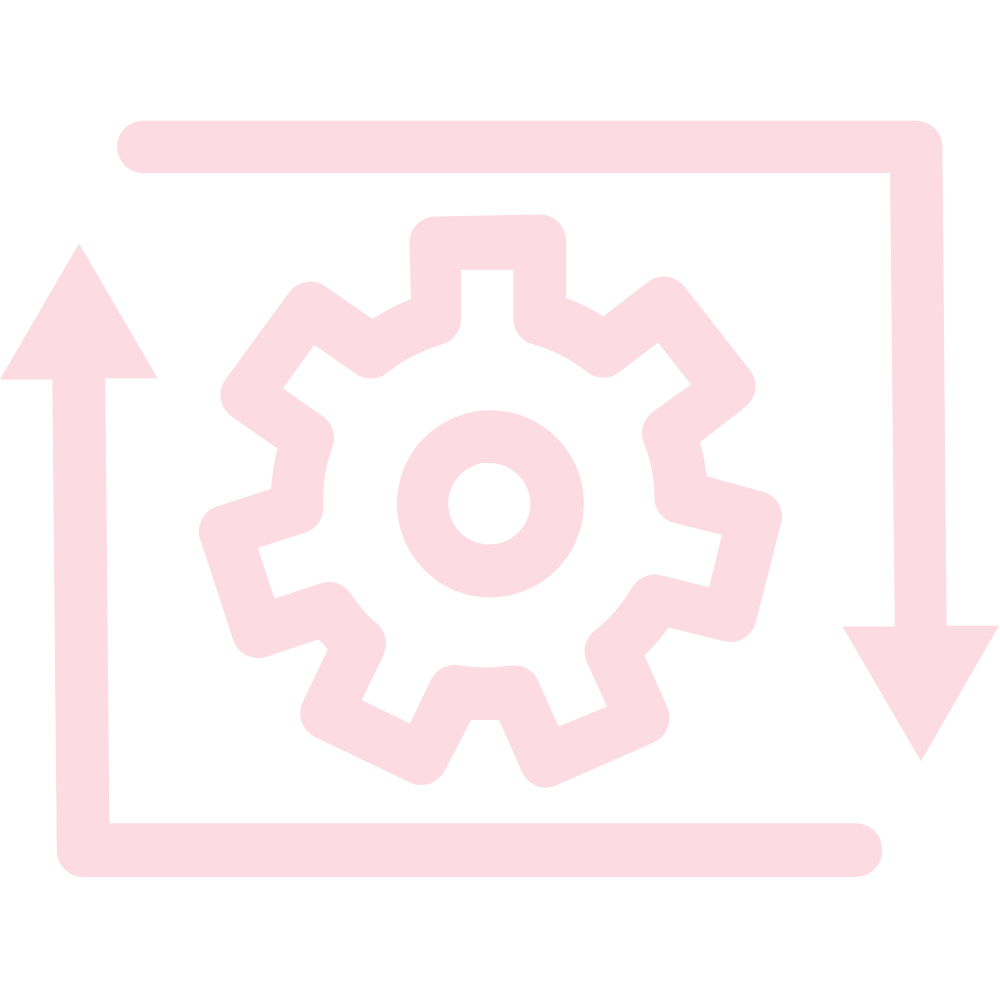 Light pink gear icon with arrows indicating a circular motion