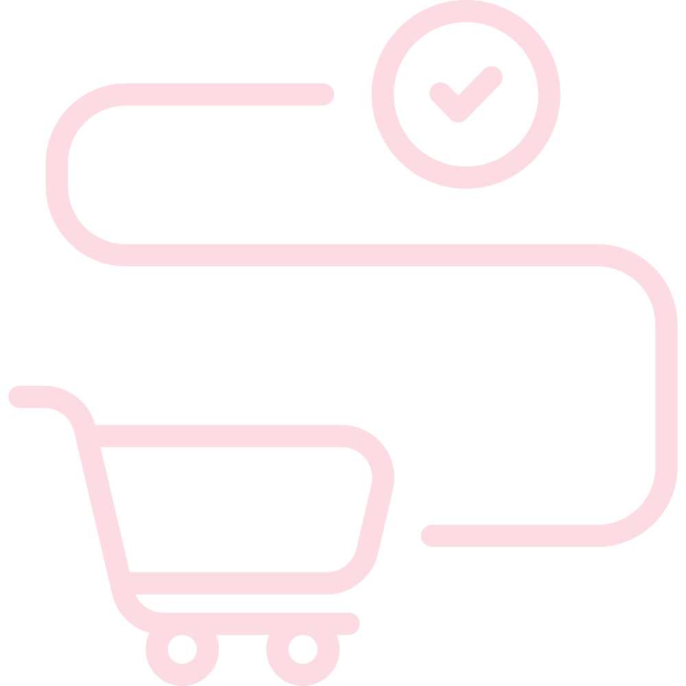 Light pink check mark circle with a looped line to a grocery cart