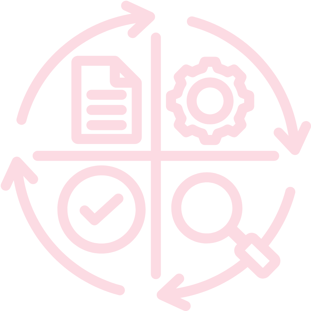 Light pink arrowed circle with note, gear, checkmark, and magnifying glass icons within the middle of the circle