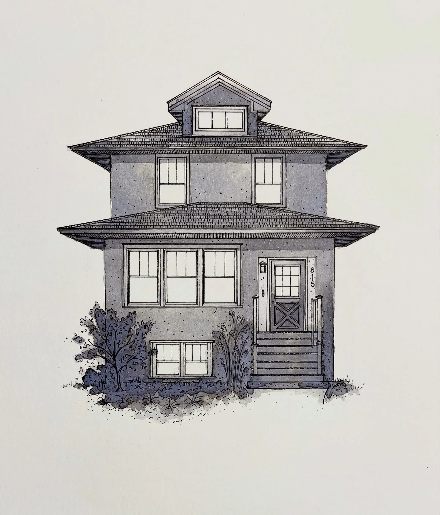 Another classic Oak Park house added to the collection&hellip; This stucco Four Square was so much fun to draw! I love how the dark exterior color makes the white trimmed windows really pop.
.
.
#noteworthydesign #homesbyhand #drawing #homemade #art 