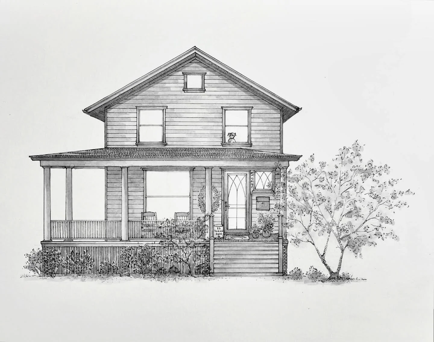 Cute house with a cute dog to greet you! Do you see him? I loved drawing this house with its big front porch and welcoming rocking chairs. Don&rsquo;t know about you but I&rsquo;m ready for some warmer weather and porch sitting season!
.
.
#homesbyha
