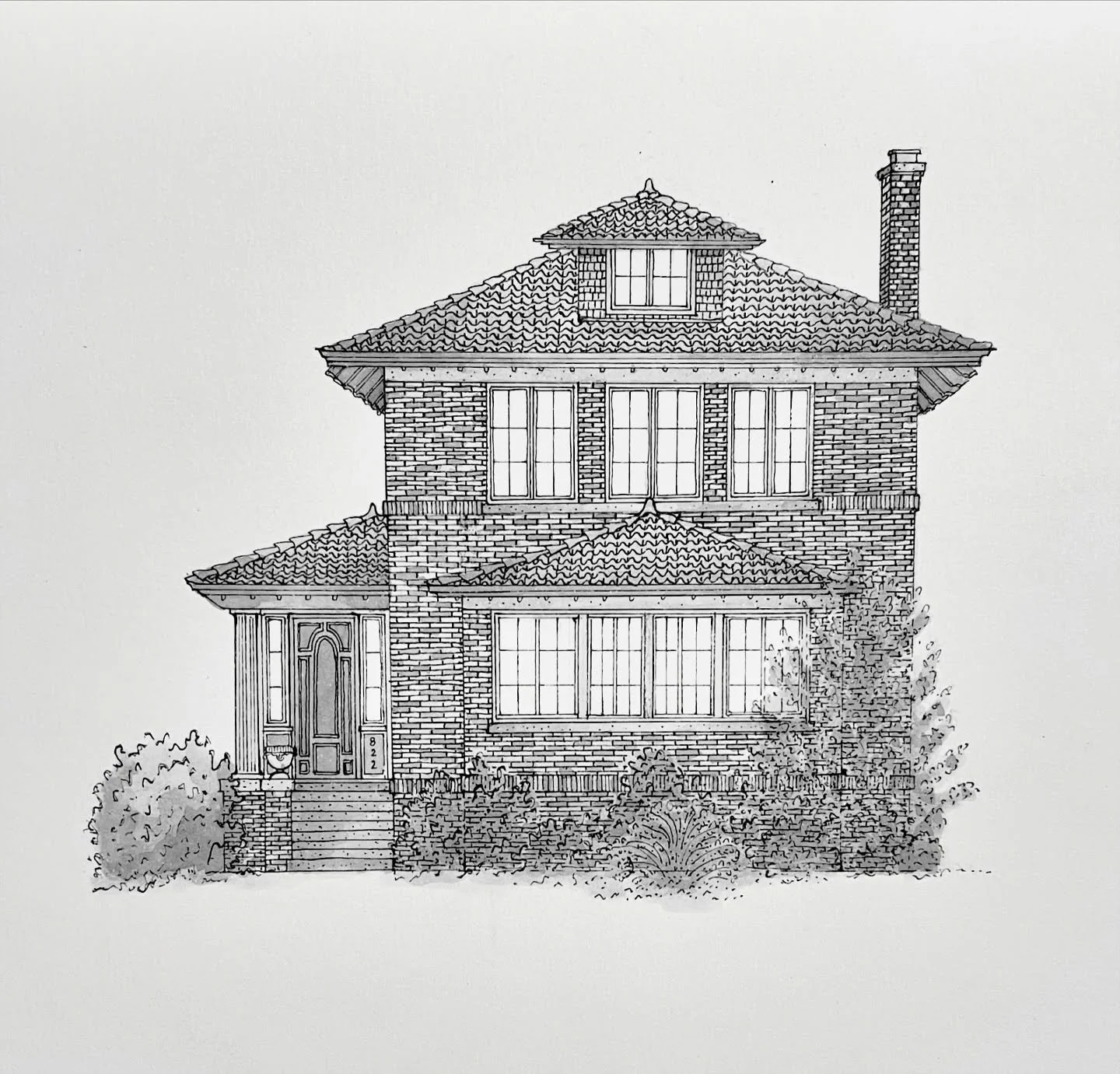 So excited to share this lovely illustration with you! This house turned 100 years old last year and the homeowners wanted to commission an illustration to dedicate this milestone. And what a beautiful house it is! The terracotta shingles roof and Fr