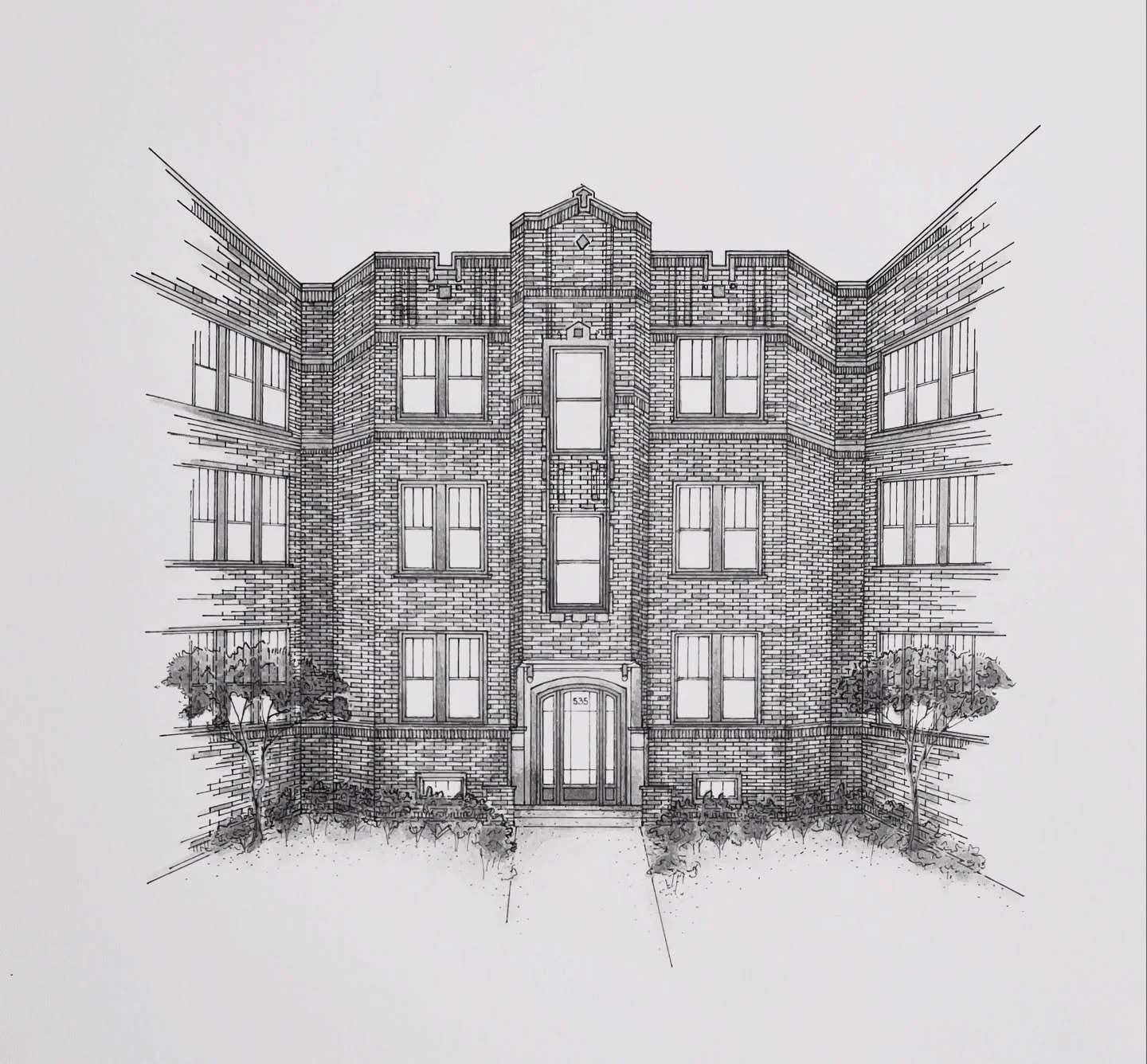 This Chicago apartment building is the second illustration in a group of three recently completed pieces. While I love how brick illustrations turn out they are always a challenge for me, mostly trying not to go cross-eyed when drawing all the tiny b