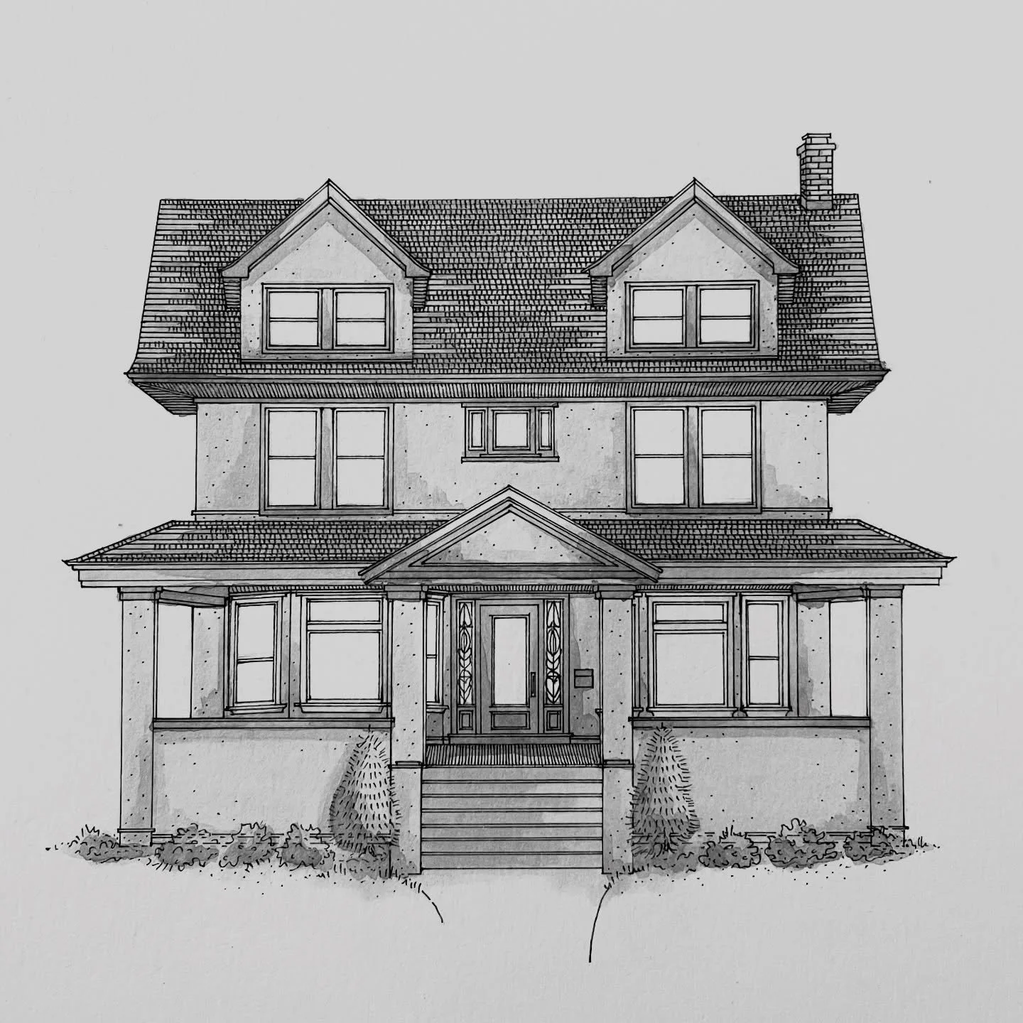 Love this classic stucco home in the Oak Park Gunderson historic district! Stucco is always fun to draw, I love the tiny stippling and contrast of light walls versus dark roof and trim. More to come!

Click the link in my bio to see more illustration