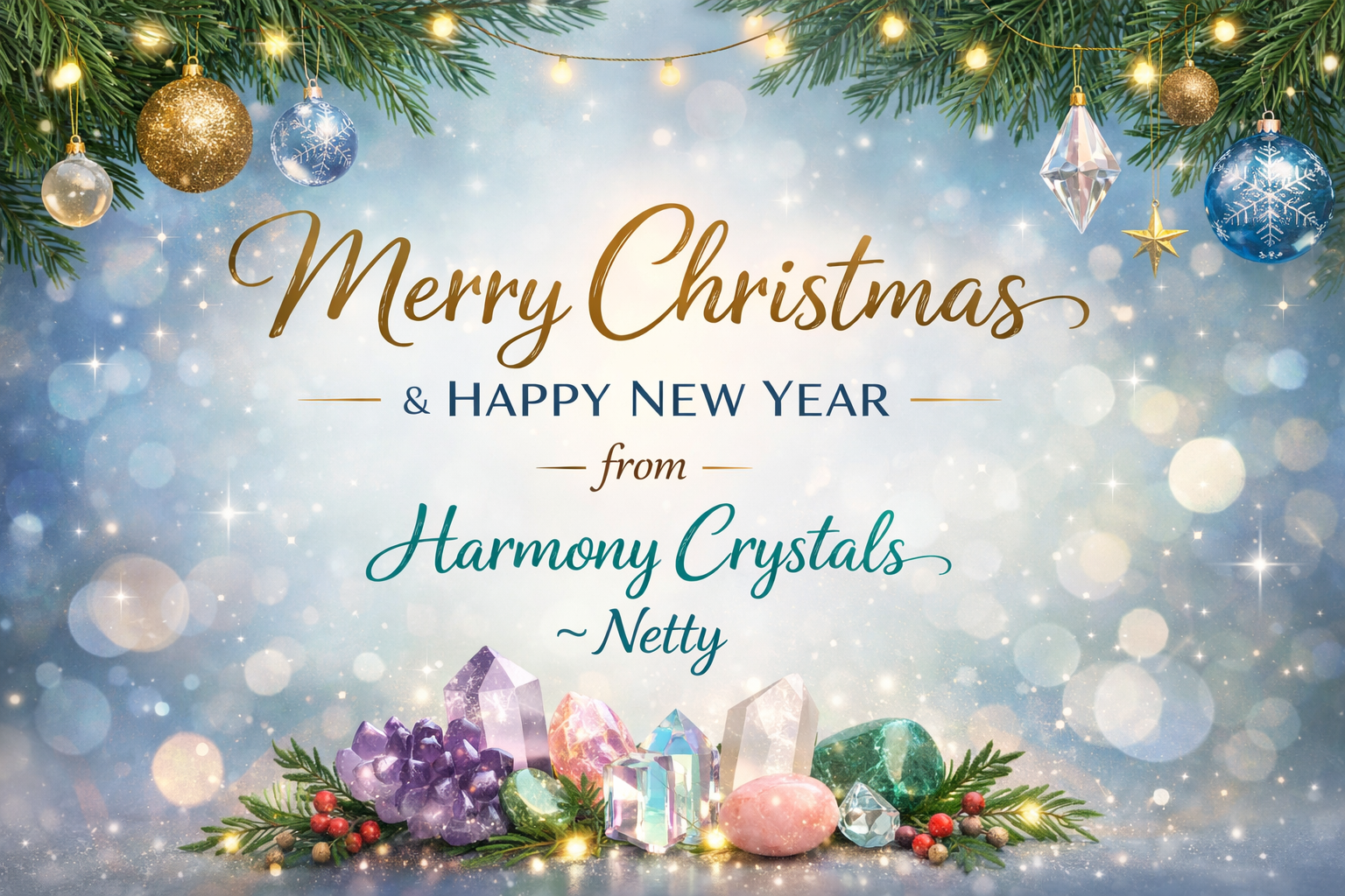Holiday greeting card with decorations such as Christmas ornaments hanging from pine branches, colorful crystals, gemstones, and pinecones at the bottom. The background features a bokeh effect with starry lights. Text on the card reads 'Merry Christmas & Happy New Year from Harmony Crystals ~Netty~'.