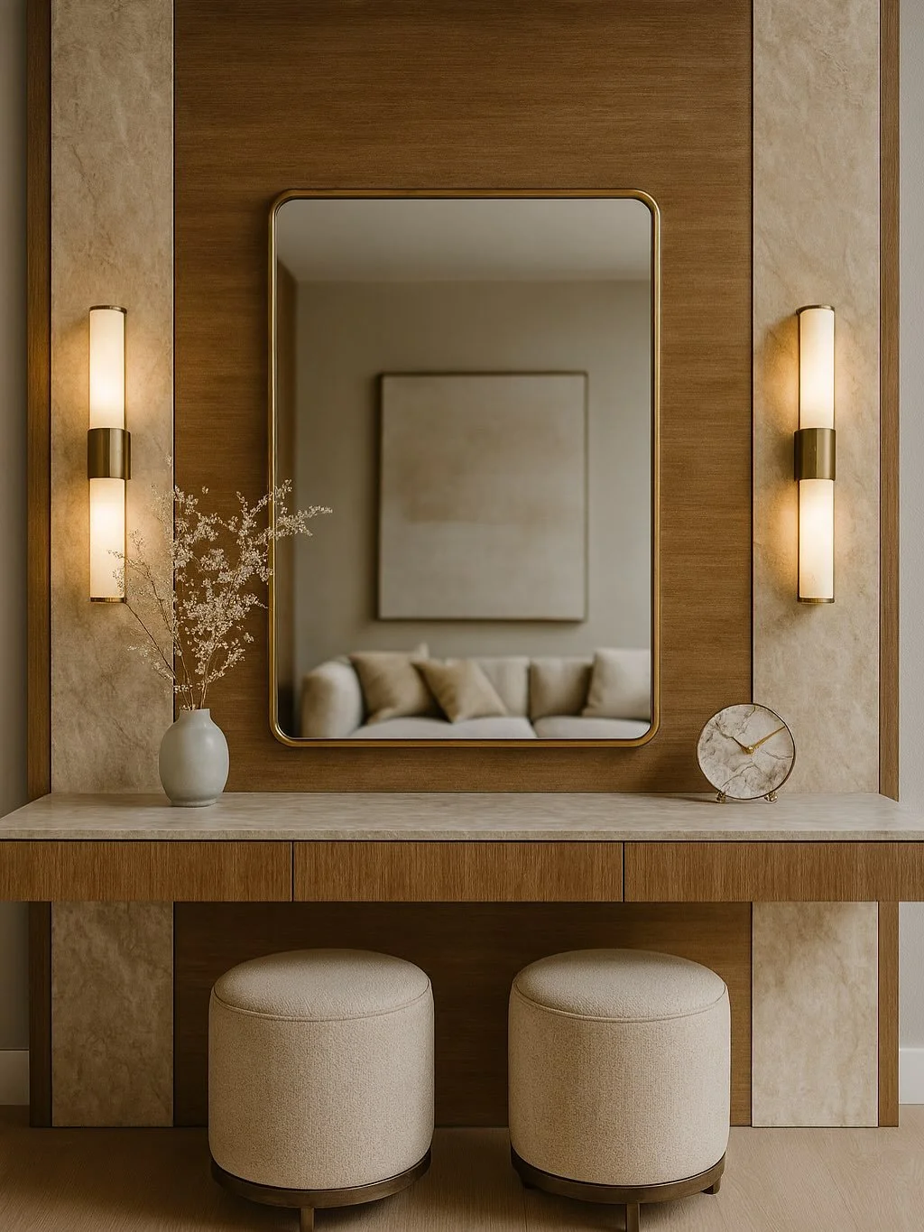 Design concept vs in progress renovation | 

Working through my the design on our Northview Project, we wanted a beautiful feature wall welcoming you to the space as you enter through the front door. 

With porcelain onyx look panels, a console with 