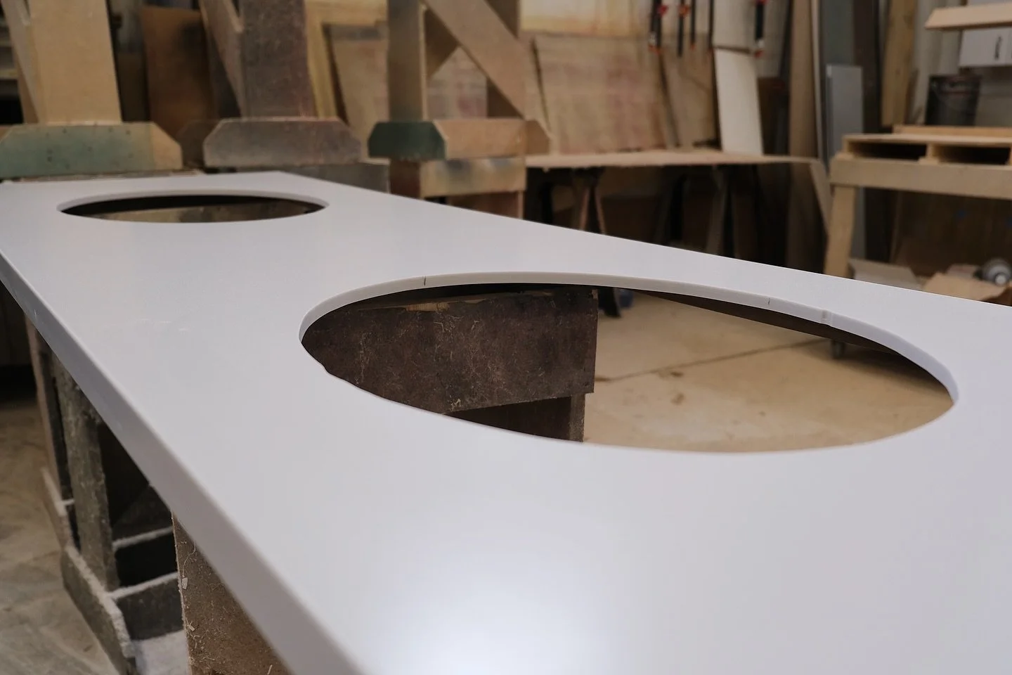 Take a look at these solid surface HiMacs countertops, ready for sinks, faucets, and installation! 🚰 

Our custom top shop delivers and installs stone, quartz, solid surface, and laminate countertops for any area! 
.
.
.
#solidsurface #himacs #count