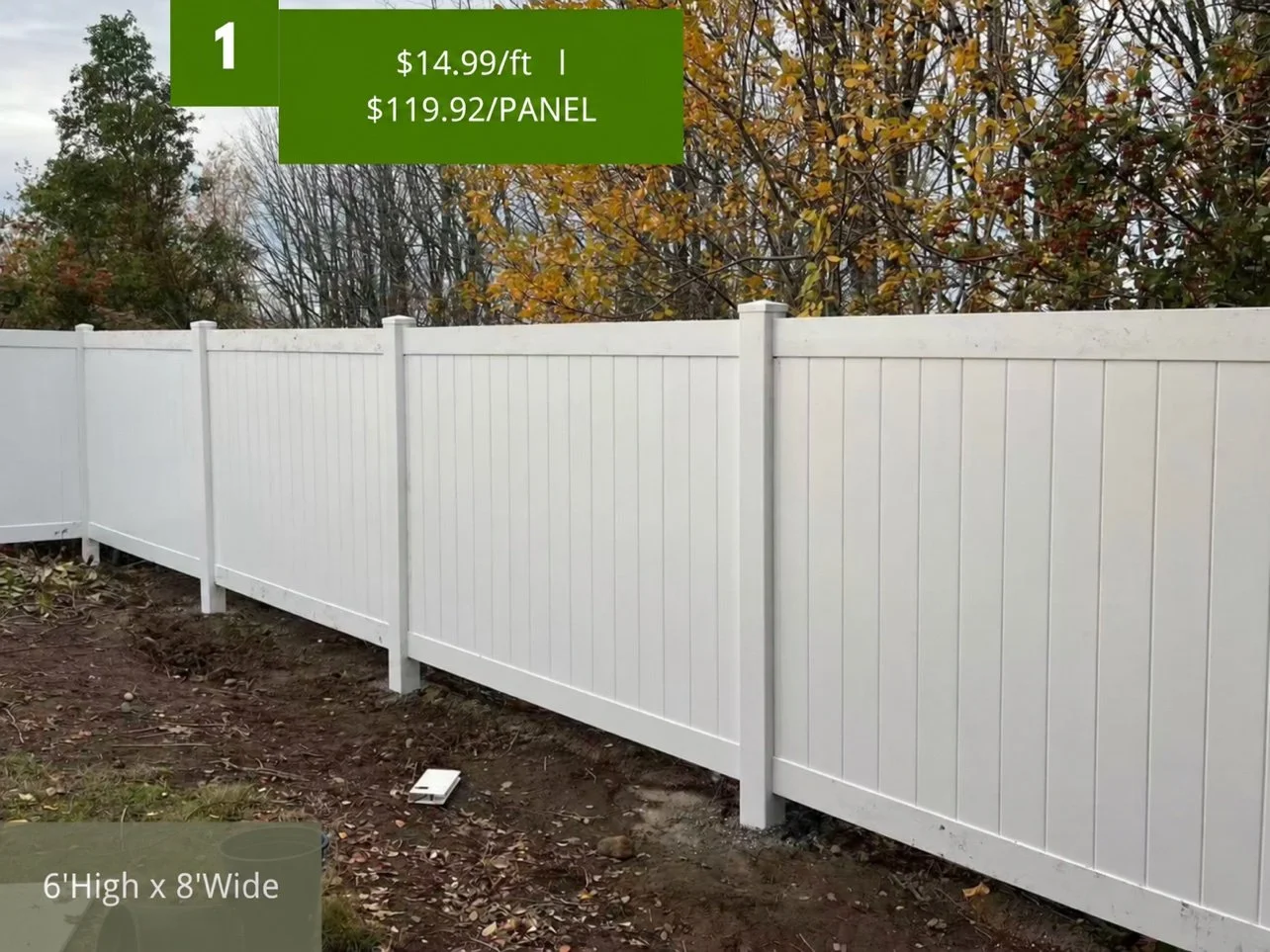 White vinyl privacy fence, 6 ft by 8 ft, installed in a Seattle backyard