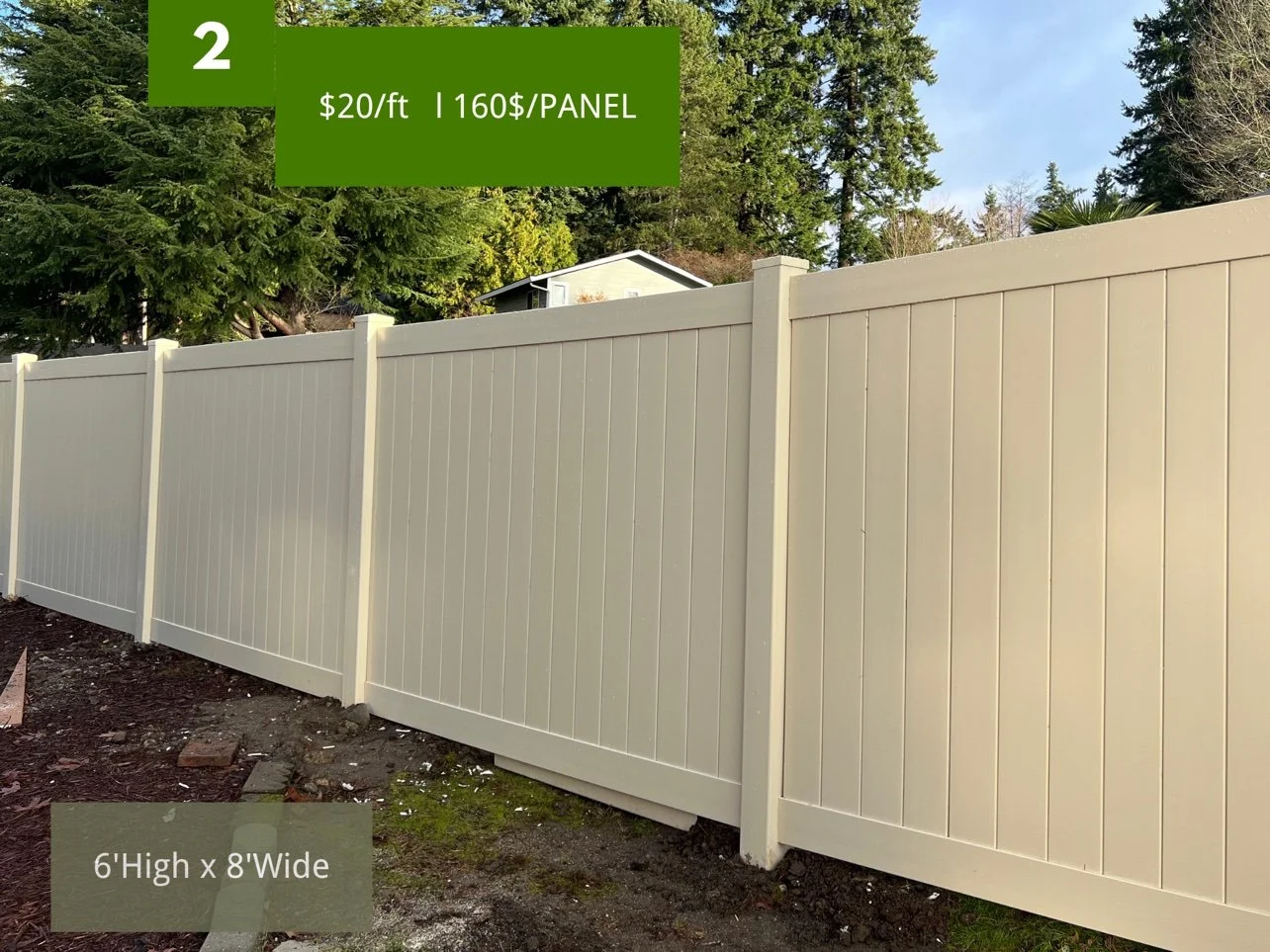 Tan vinyl privacy fence, 6 ft by 8 ft