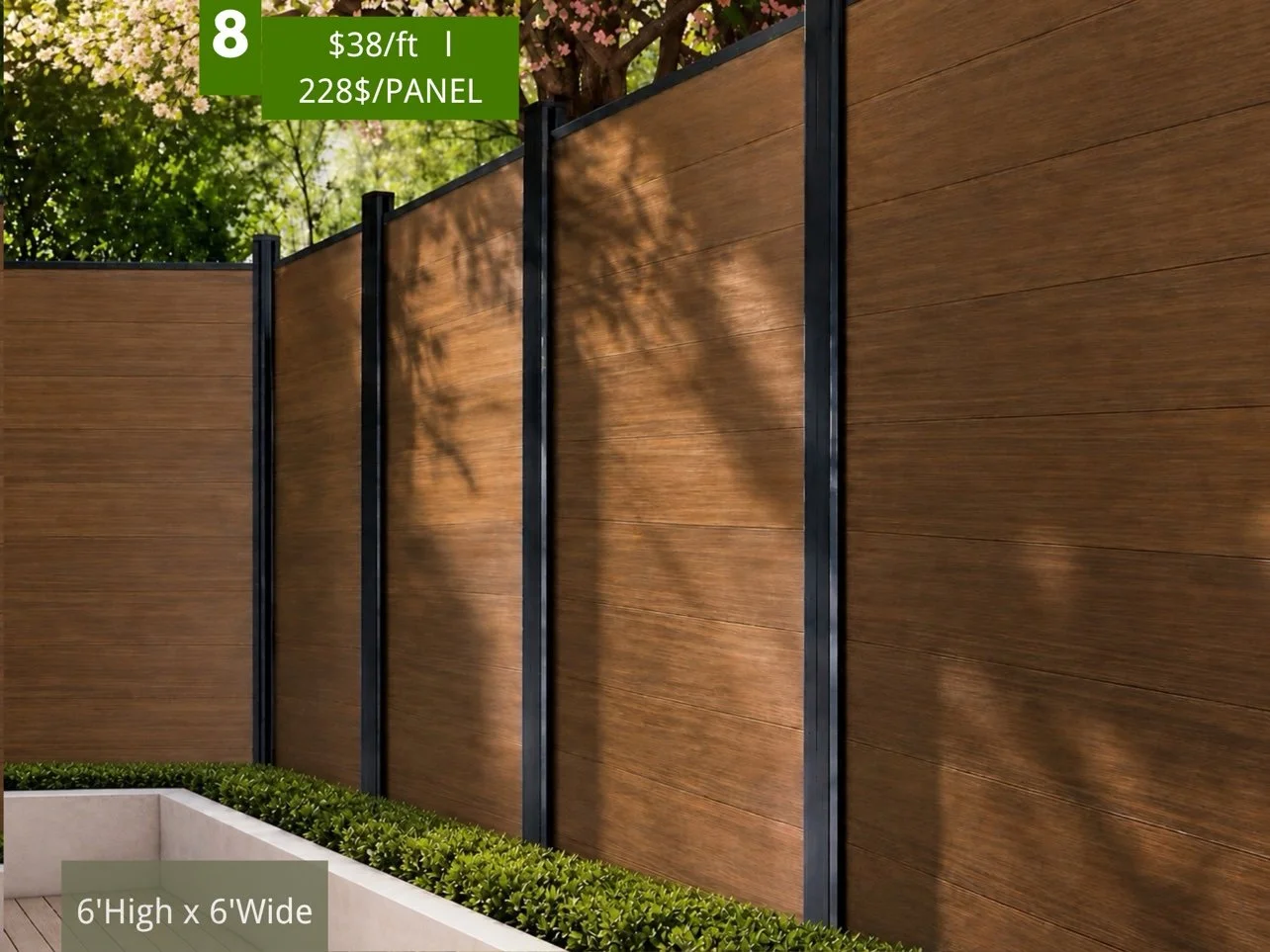 Wood-look composite fence with black posts