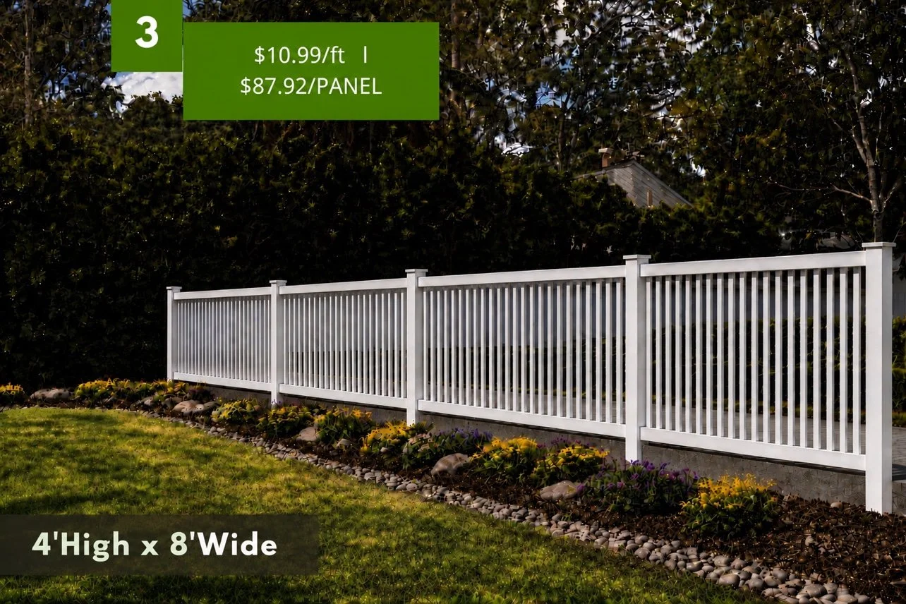 White vinyl picket fence, 4 ft by 8 ft