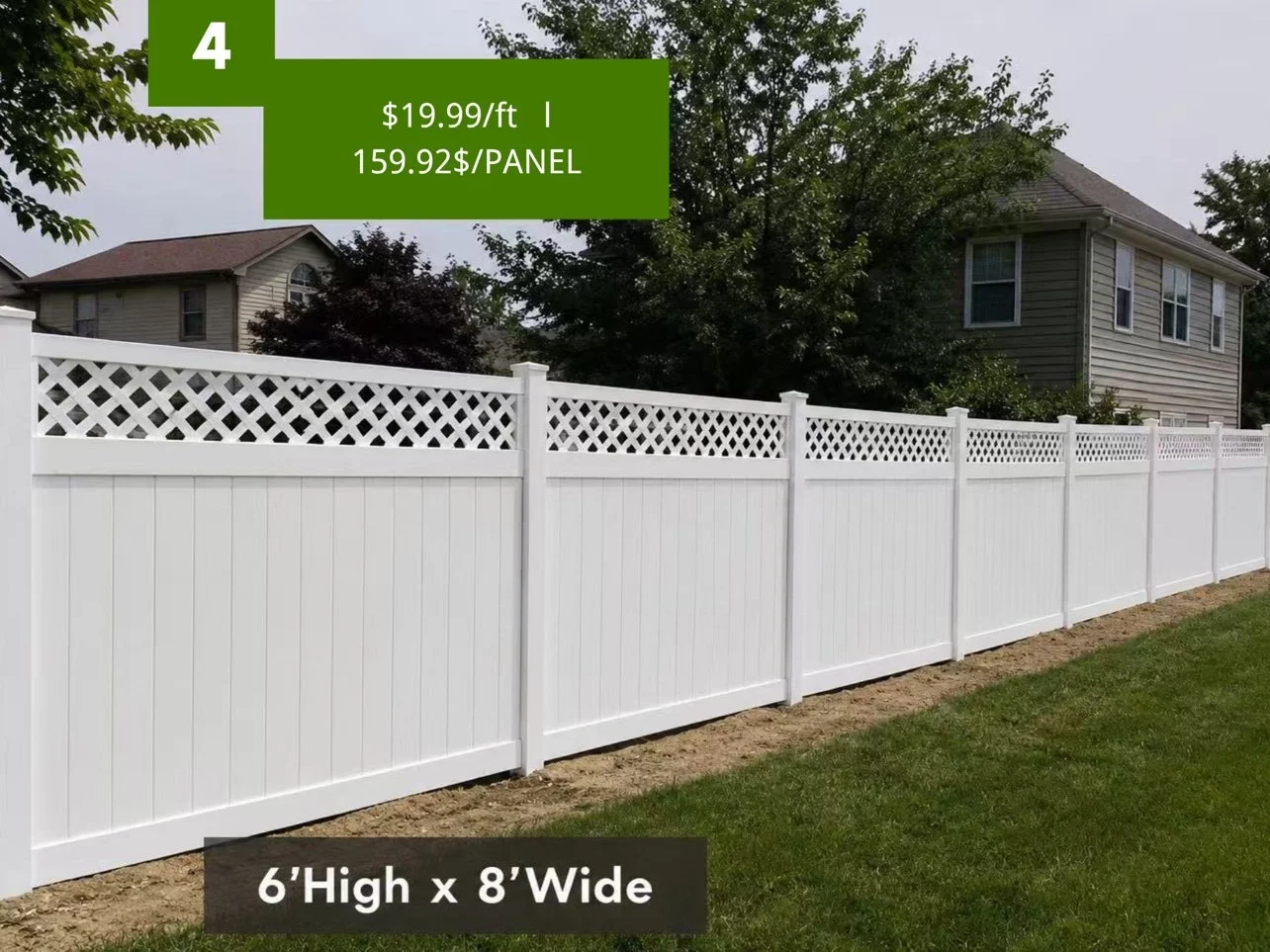 White vinyl privacy fence with lattice top, 6 ft by 8 ft